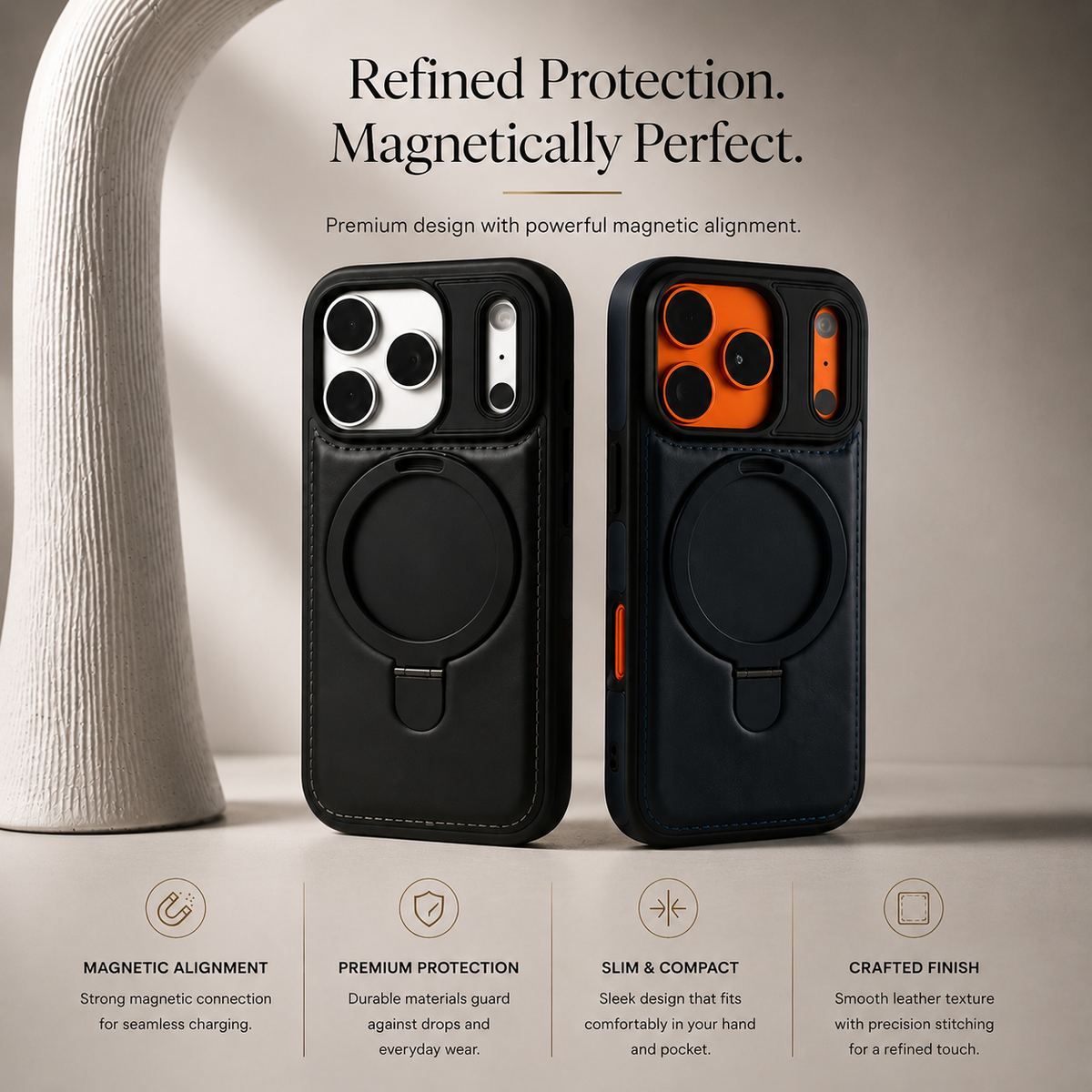 Premium iPhone Case MagSafe Compatible Leather Kickstand Shockproof Protective Cover Slim Business Retro Full Coverage Invisible Stand