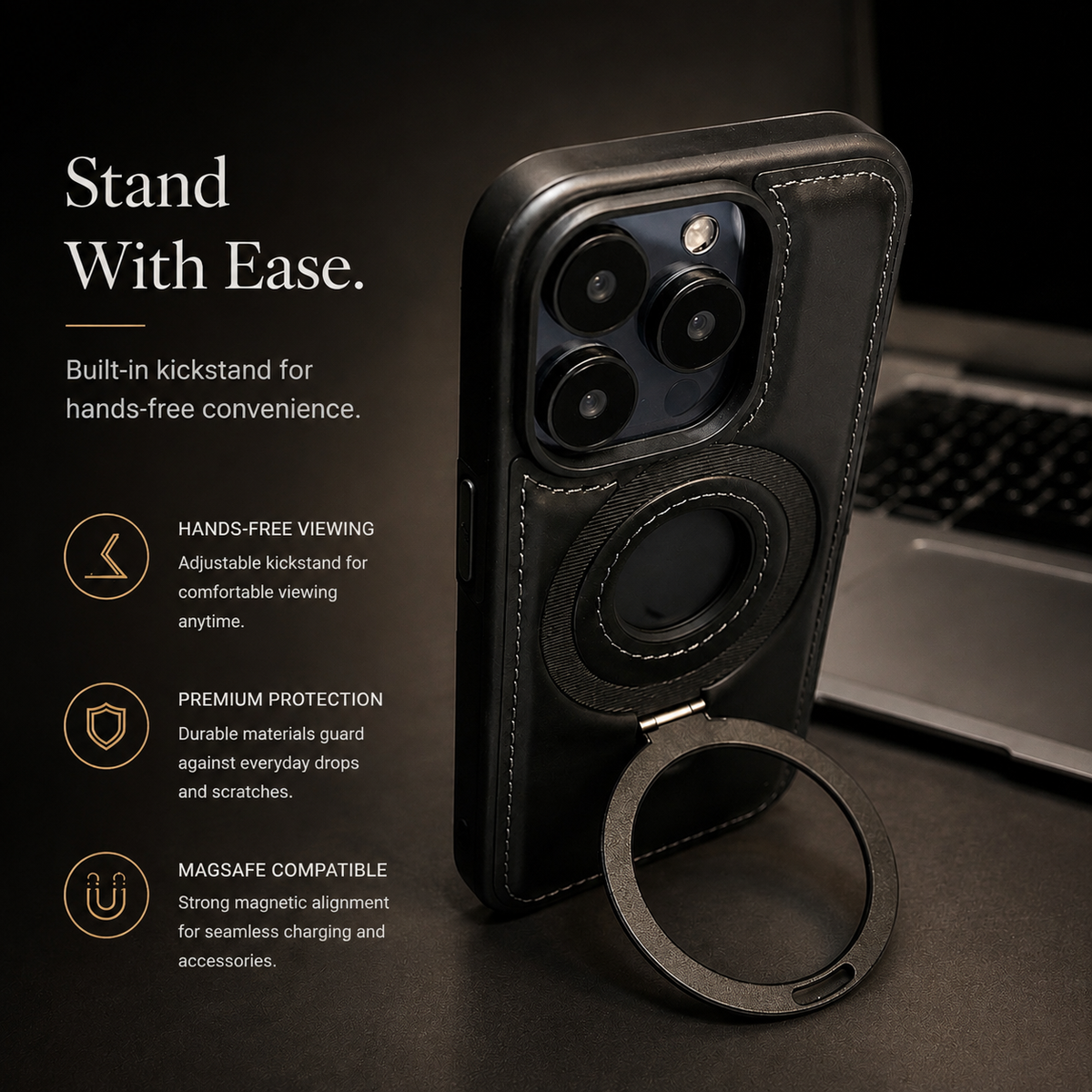 Premium iPhone Case MagSafe Compatible Leather Kickstand Shockproof Protective Cover Slim Business Retro Full Coverage Invisible Stand