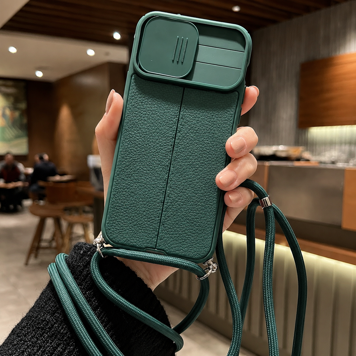 Premium iPhone Case MagSafe Compatible Leather Texture Sliding Camera Cover Shockproof Protective Cover with Lens Protection, Slim Design