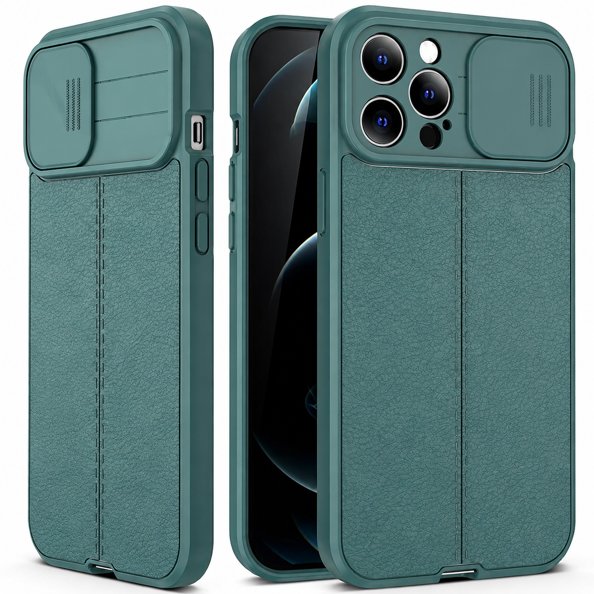 Premium iPhone Case MagSafe Compatible Leather Texture Sliding Camera Cover Shockproof Protective Cover with Lens Protection, Slim Design