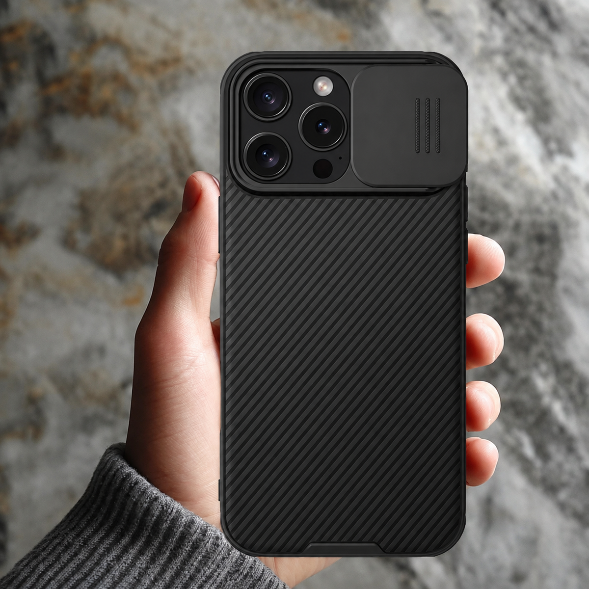 Premium iPhone Case MagSafe Compatible Leather Texture Sliding Camera Cover Shockproof Protective Cover with Lens Protection, Slim Design