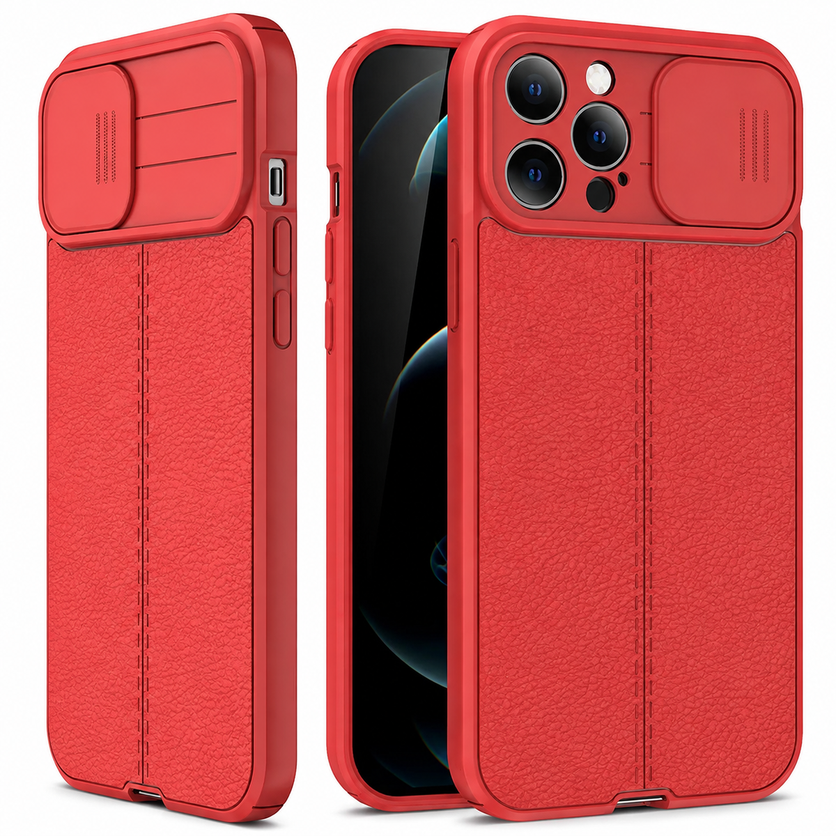 Premium iPhone Case MagSafe Compatible Leather Texture Sliding Camera Cover Shockproof Protective Cover with Lens Protection, Slim Design