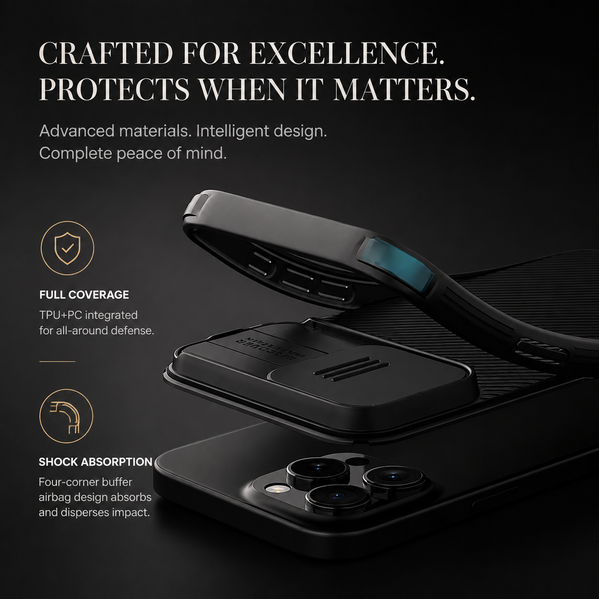 Premium iPhone Case MagSafe Compatible Leather Texture Sliding Camera Cover Shockproof Protective Cover with Lens Protection, Slim Design