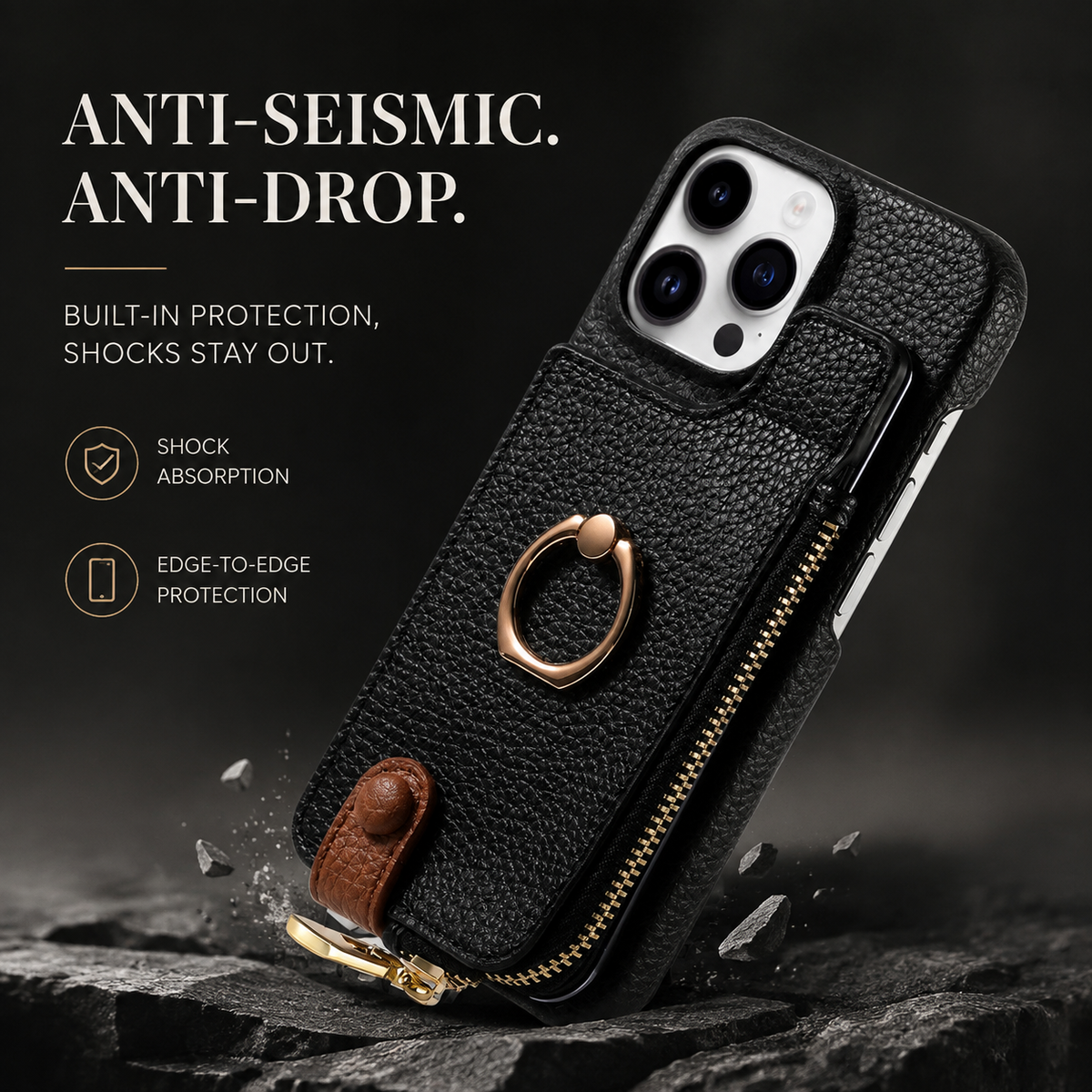 Premium iPhone Case MagSafe Compatible Leather Zipper Wallet Card Holder Ring Kickstand Magnetic Closure Shockproof Protection Camera Lens Slim Design