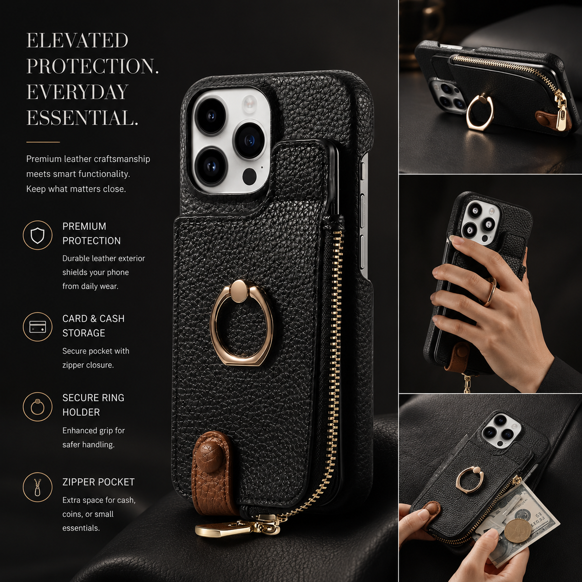 Premium iPhone Case MagSafe Compatible Leather Zipper Wallet Card Holder Ring Kickstand Magnetic Closure Shockproof Protection Camera Lens Slim Design