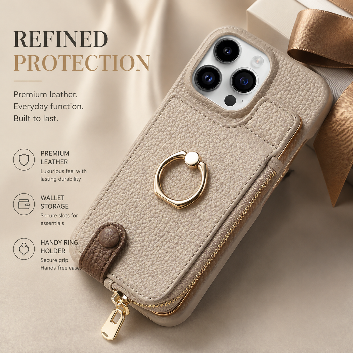 Premium iPhone Case MagSafe Compatible Leather Zipper Wallet Card Holder Ring Kickstand Magnetic Closure Shockproof Protection Camera Lens Slim Design
