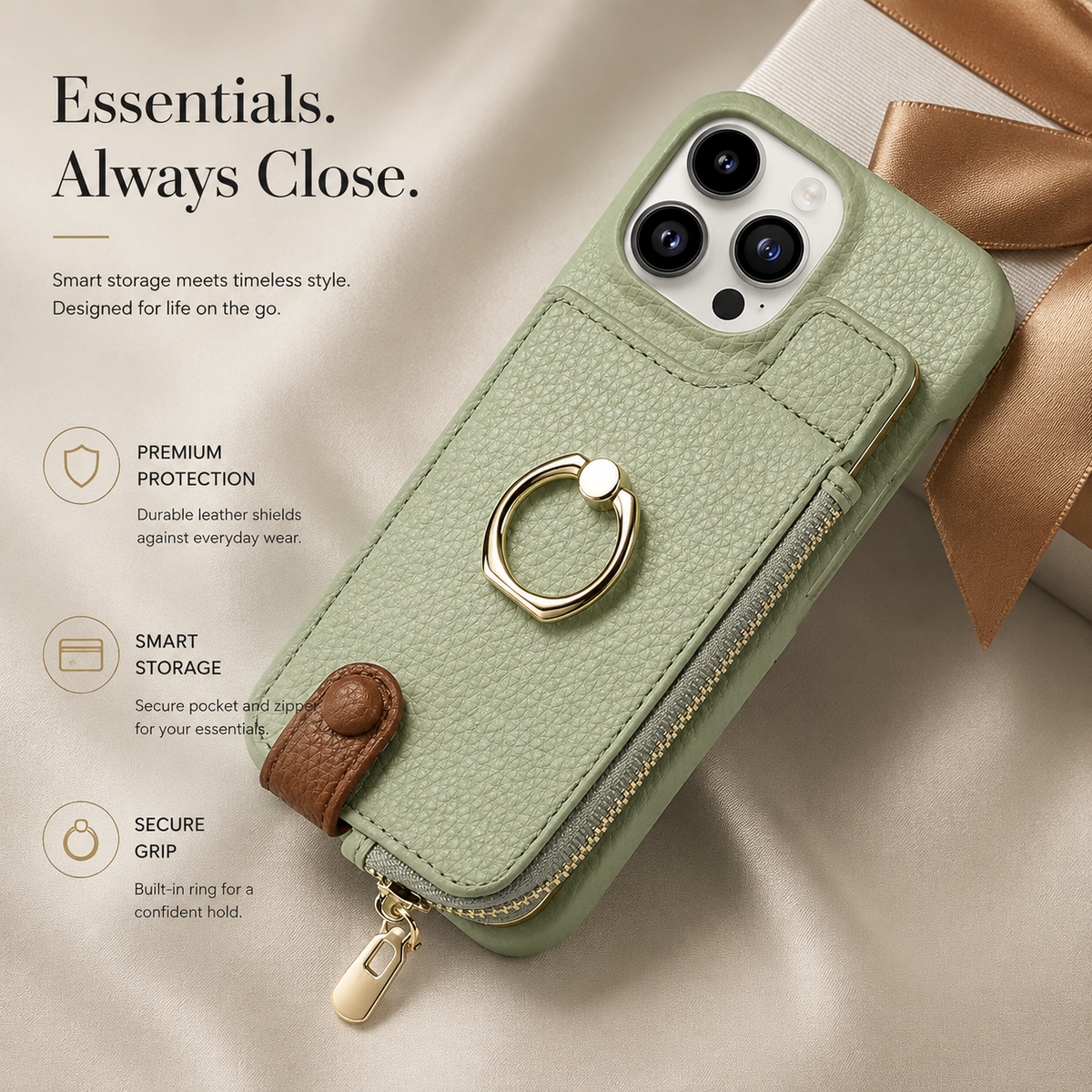 Premium iPhone Case MagSafe Compatible Leather Zipper Wallet Card Holder Ring Kickstand Magnetic Closure Shockproof Protection Camera Lens Slim Design