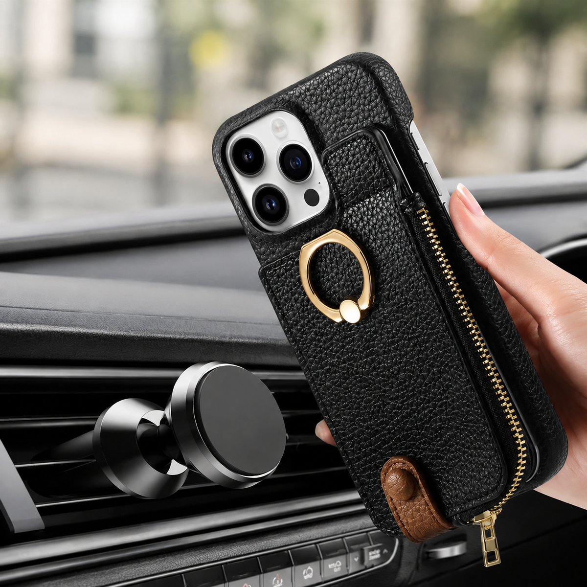 Premium iPhone Case MagSafe Compatible Leather Zipper Wallet Card Holder Ring Kickstand Magnetic Closure Shockproof Protection Camera Lens Slim Design