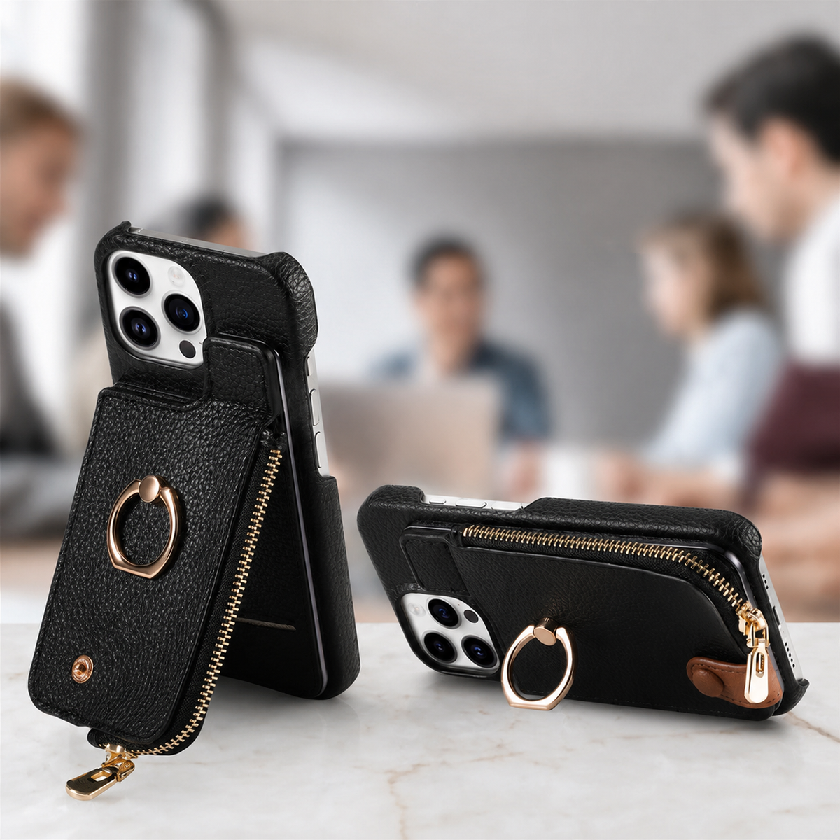 Premium iPhone Case MagSafe Compatible Leather Zipper Wallet Card Holder Ring Kickstand Magnetic Closure Shockproof Protection Camera Lens Slim Design