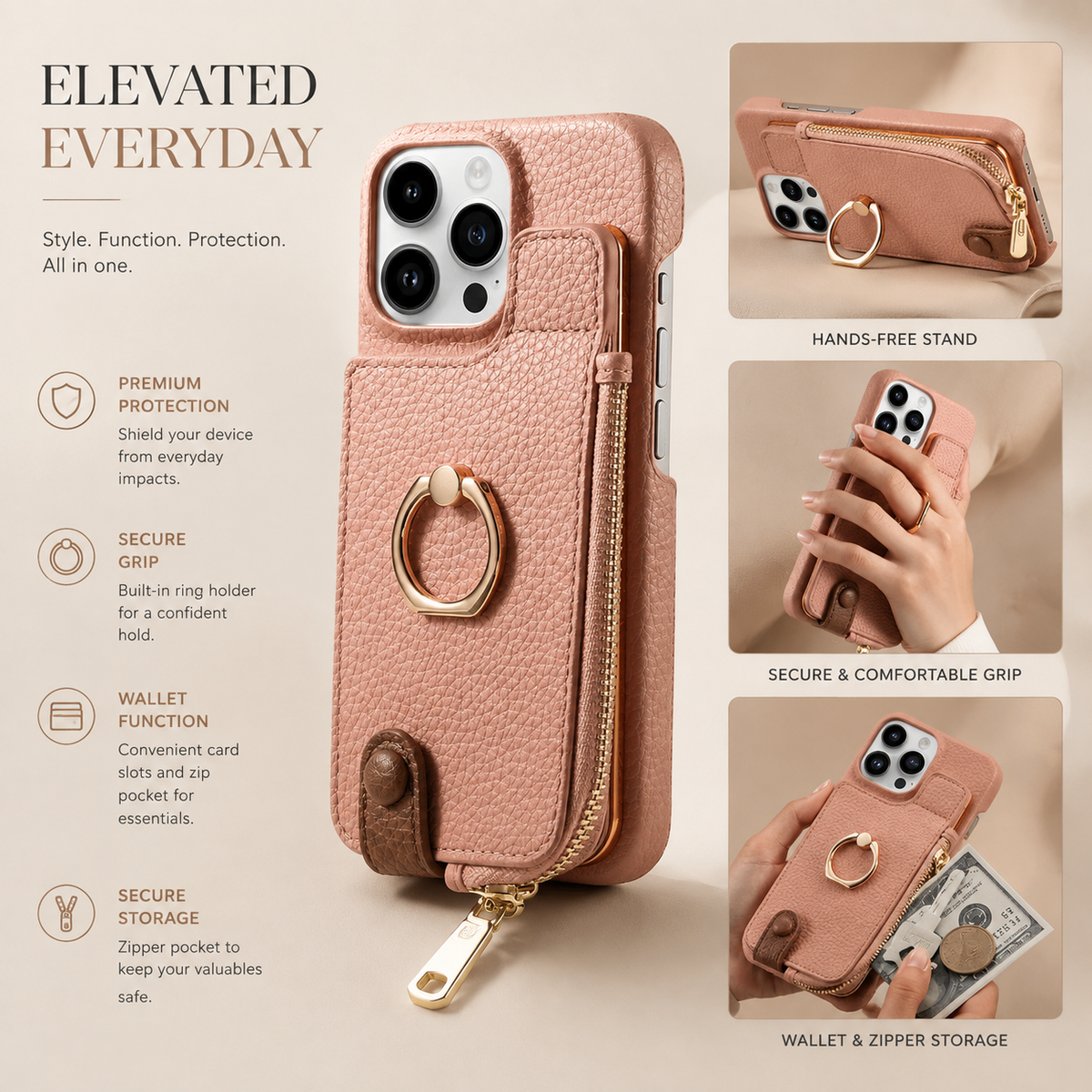 Premium iPhone Case MagSafe Compatible Leather Zipper Wallet Card Holder Ring Kickstand Magnetic Closure Shockproof Protection Camera Lens Slim Design