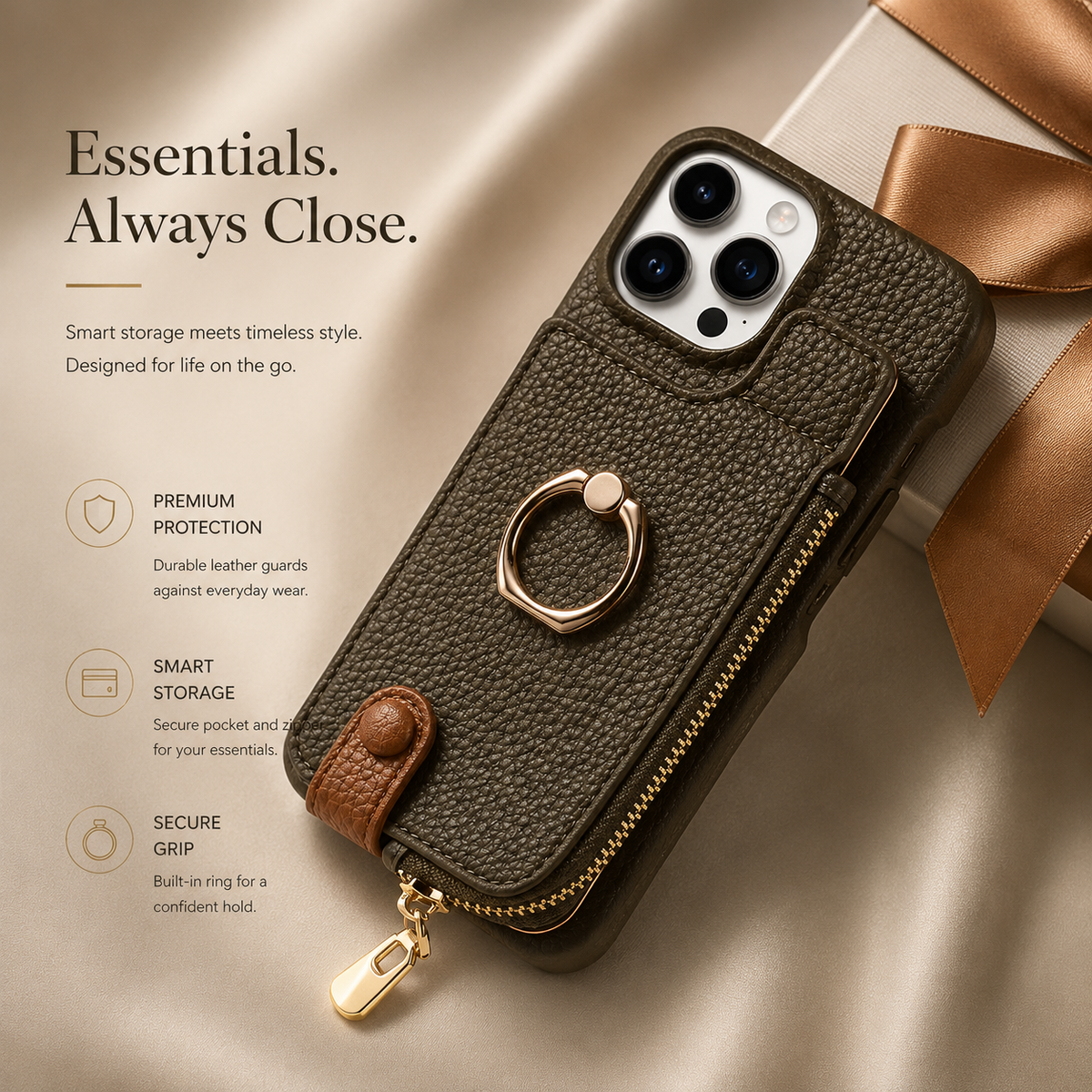 Premium iPhone Case MagSafe Compatible Leather Zipper Wallet Card Holder Ring Kickstand Magnetic Closure Shockproof Protection Camera Lens Slim Design