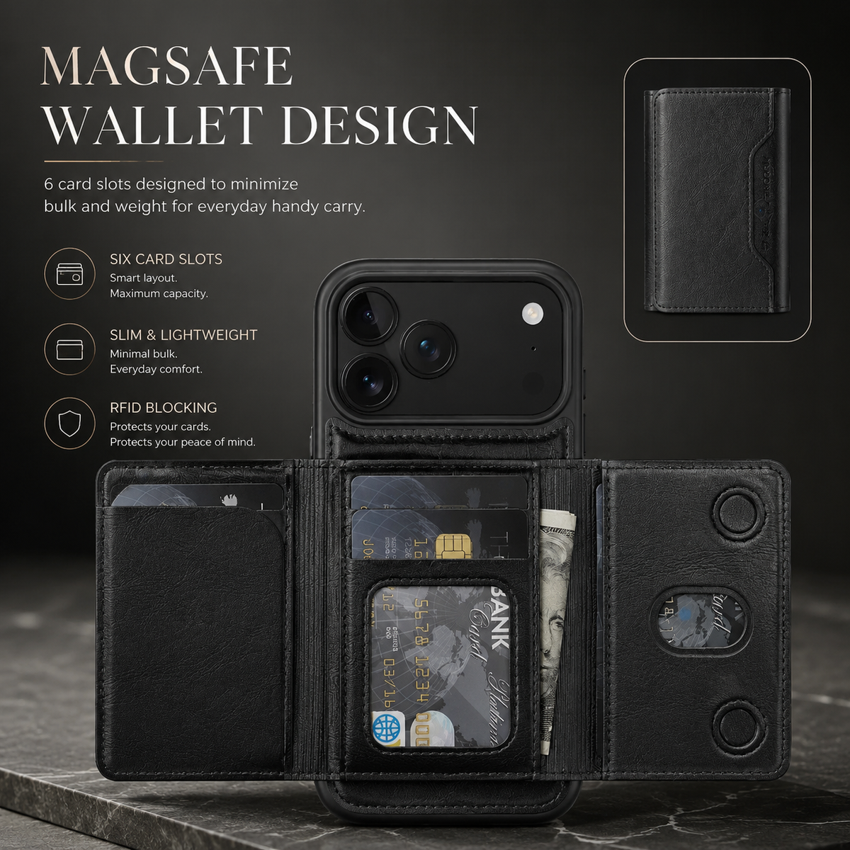 Premium iPhone Case MagSafe Compatible PU Leather Wallet Card Holder Shockproof TPU PC Magnetic Anti Scratch Anti Fingerprint Non Slip Slim Cover Case