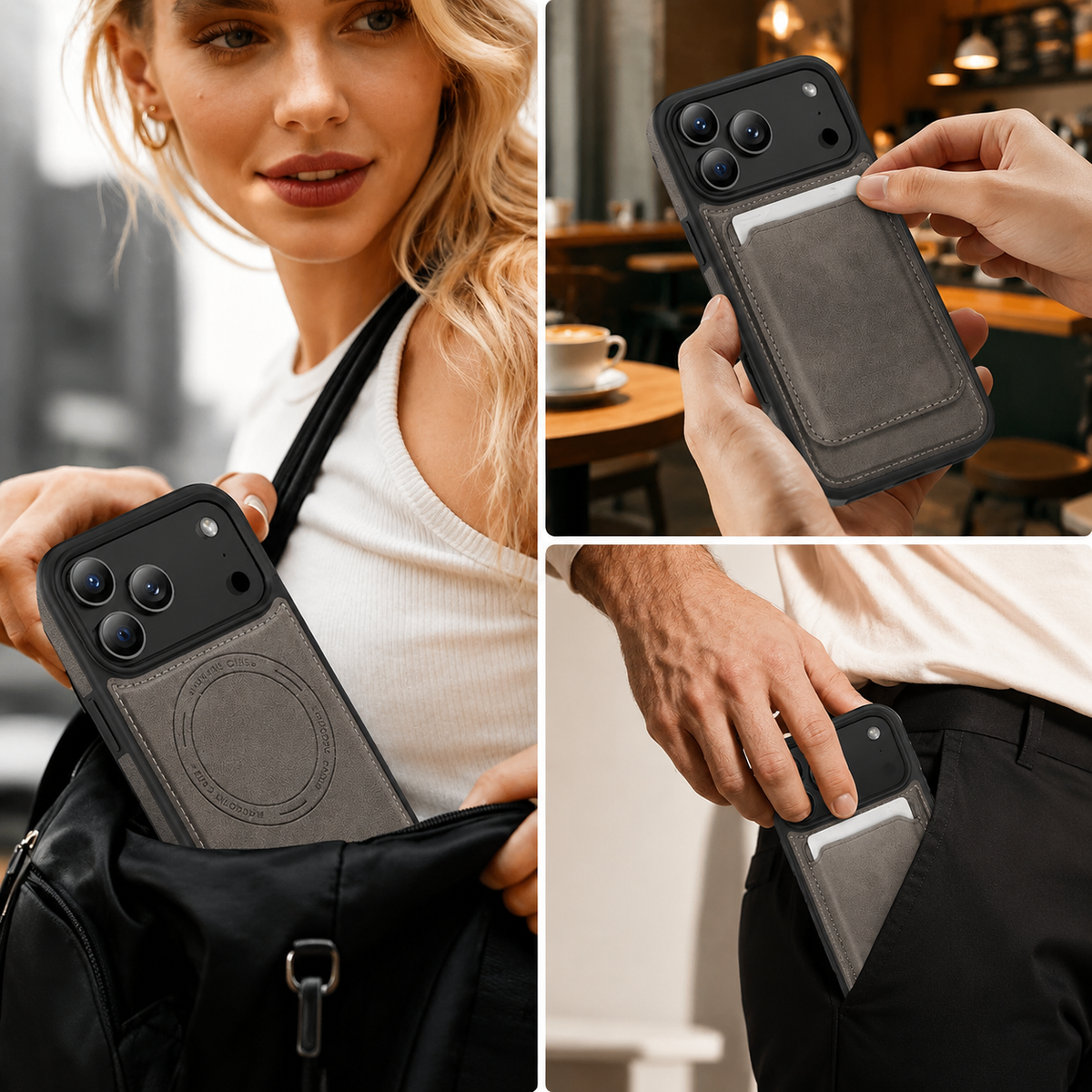 Premium iPhone Case MagSafe Compatible RFID Blocking Leather Wallet Card Holder Shockproof Anti Scratch Anti Fingerprint Secure Storage Slim Protective Cover