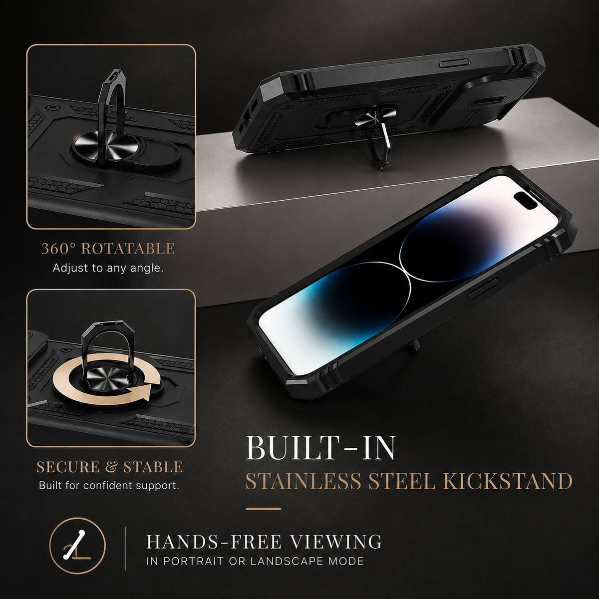 Premium iPhone Case MagSafe Compatible Rugged Armor Card Holder Kickstand Shockproof Cover 360° Rotating Stand Full Protection Anti Slip Heavy Duty Design