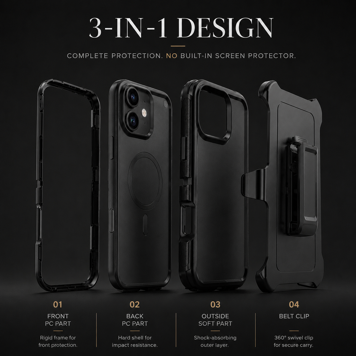 Premium iPhone Case MagSafe Compatible Rugged Holster Cover 3 Layer Shockproof Armor Belt Clip Kickstand Anti-Slip Grip Full Protection Design Durable