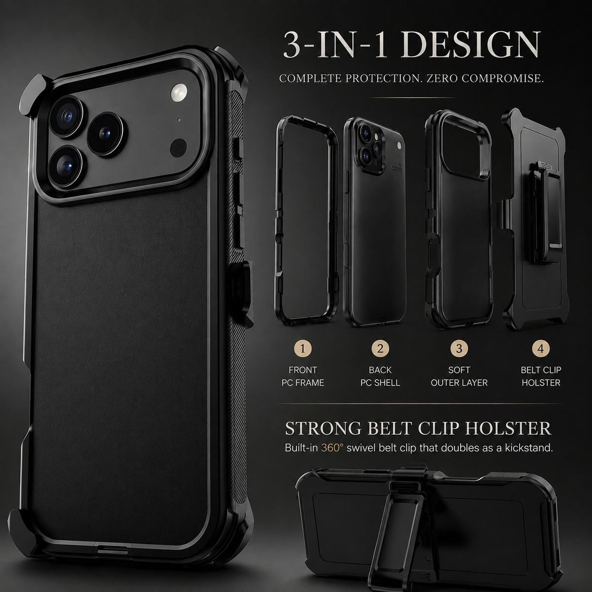 Premium iPhone Case MagSafe Compatible Rugged Holster Cover 3 Layer Shockproof Armor Belt Clip Kickstand Anti-Slip Grip Full Protection Design Durable