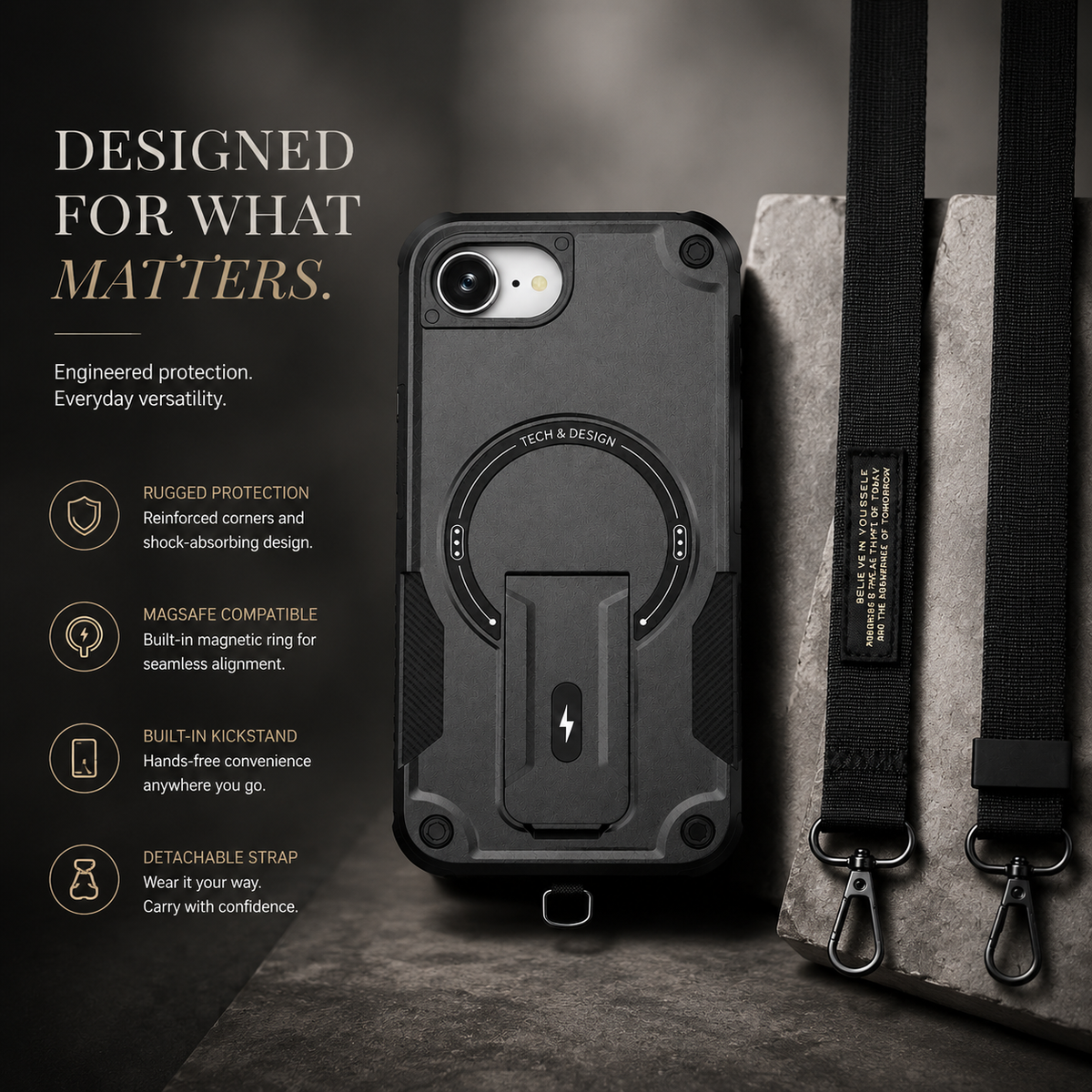 Premium iPhone Case MagSafe Compatible Shockproof PC TPU Armor Magnetic Stand Crossbody Lanyard Heavy Duty Anti Slip Rugged Protective Cover Daily Use