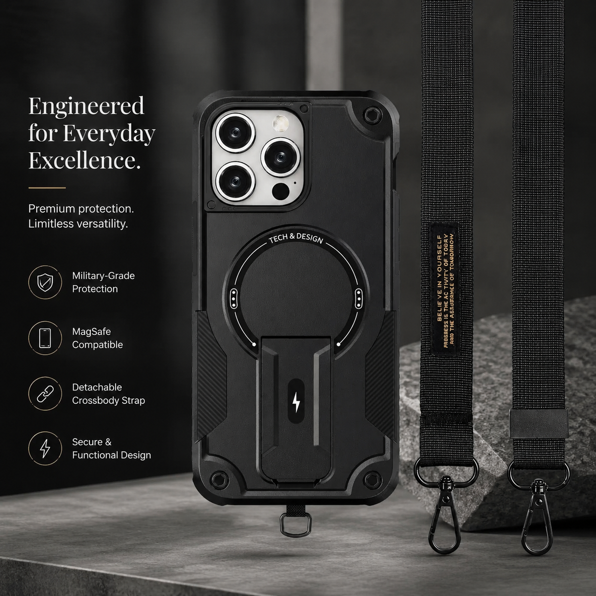Premium iPhone Case MagSafe Compatible Shockproof PC TPU Armor Magnetic Stand Crossbody Lanyard Heavy Duty Anti Slip Rugged Protective Cover Daily Use