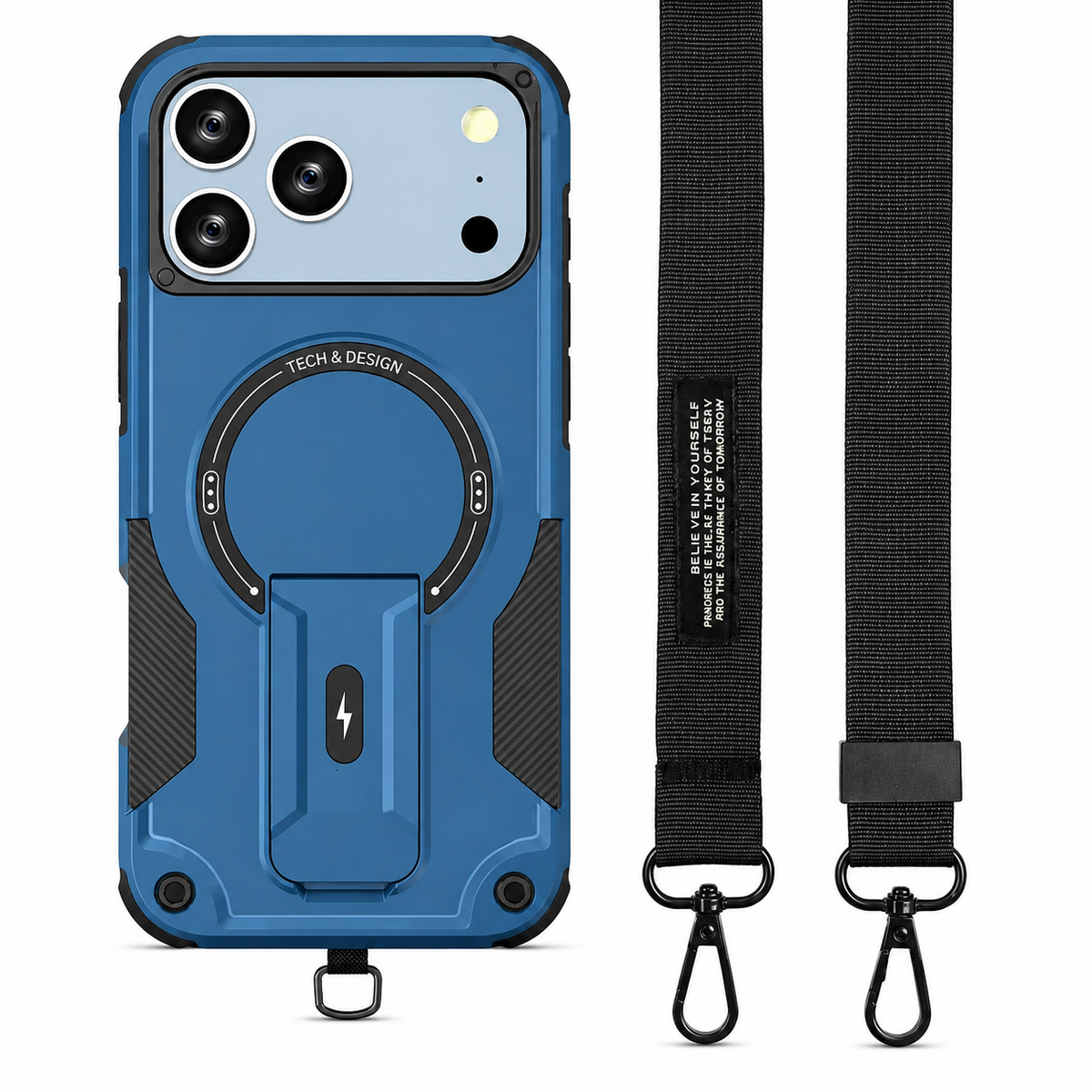 Premium iPhone Case MagSafe Compatible Shockproof PC TPU Armor Magnetic Stand Crossbody Lanyard Heavy Duty Anti Slip Rugged Protective Cover Daily Use