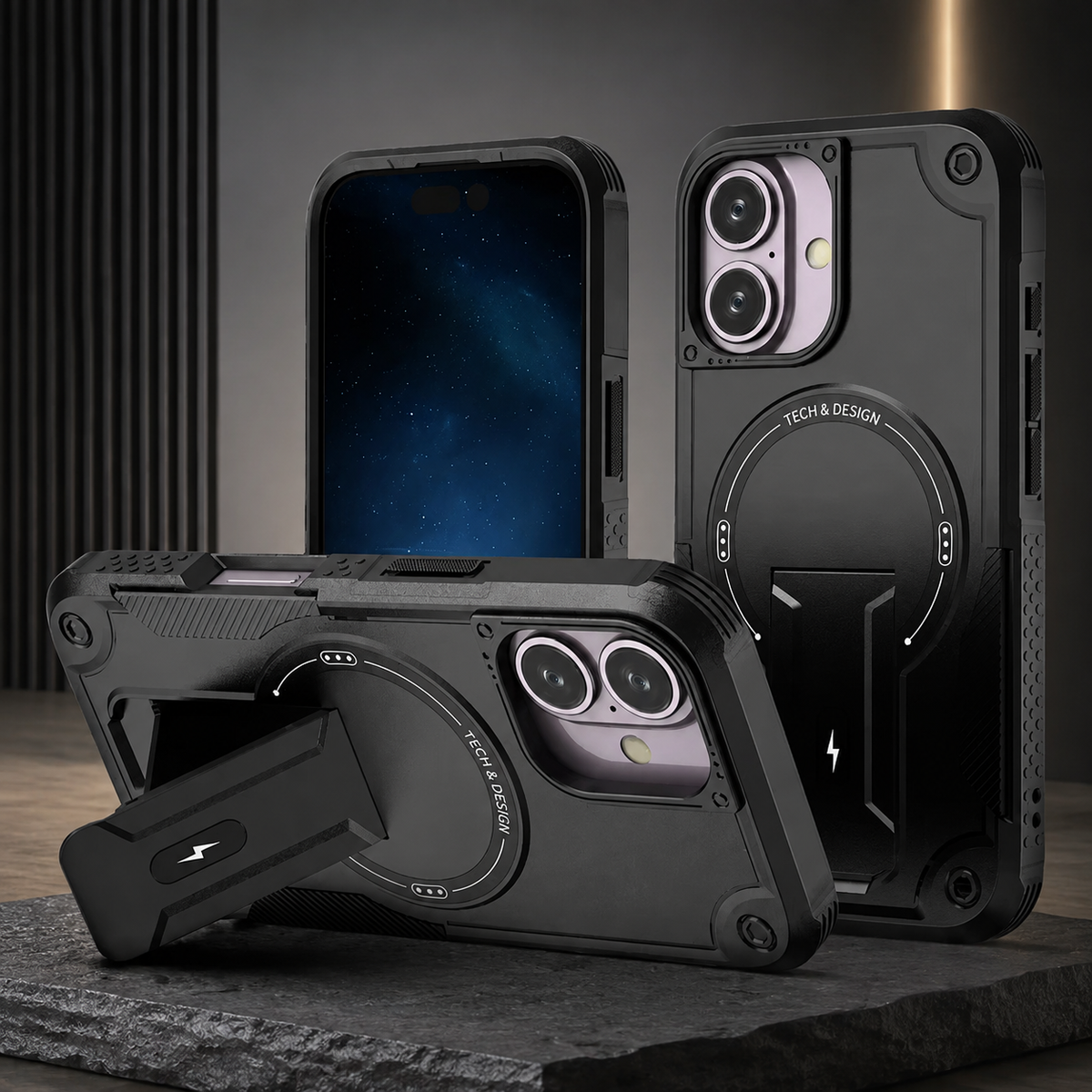 Premium iPhone Case MagSafe Compatible Shockproof PC TPU Armor Magnetic Stand Crossbody Lanyard Heavy Duty Anti Slip Rugged Protective Cover Daily Use