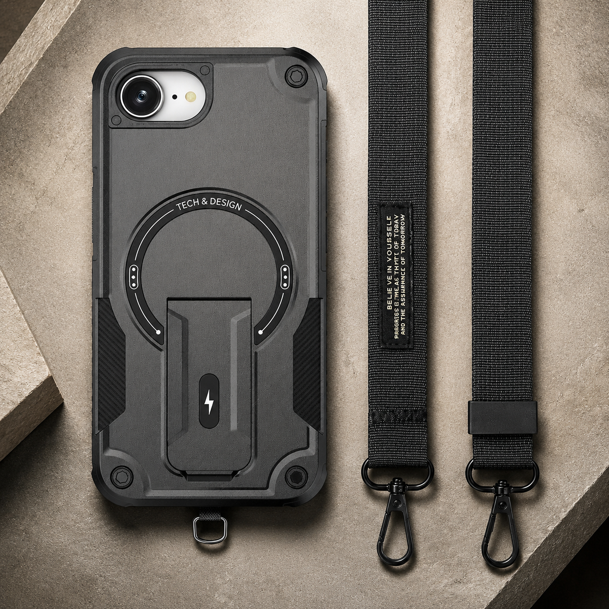 Premium iPhone Case MagSafe Compatible Shockproof PC TPU Armor Magnetic Stand Crossbody Lanyard Heavy Duty Anti Slip Rugged Protective Cover Daily Use