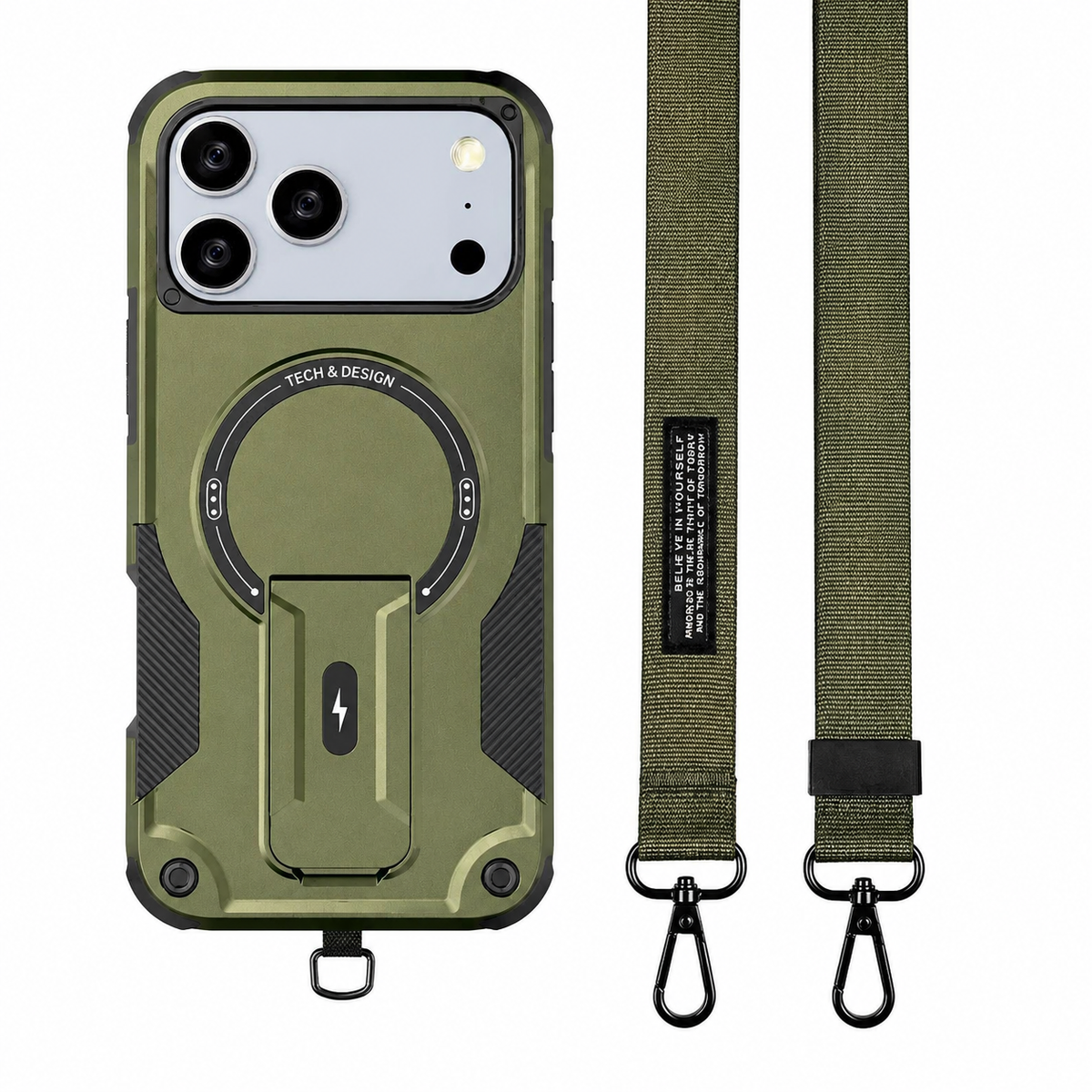 Premium iPhone Case MagSafe Compatible Shockproof PC TPU Armor Magnetic Stand Crossbody Lanyard Heavy Duty Anti Slip Rugged Protective Cover Daily Use