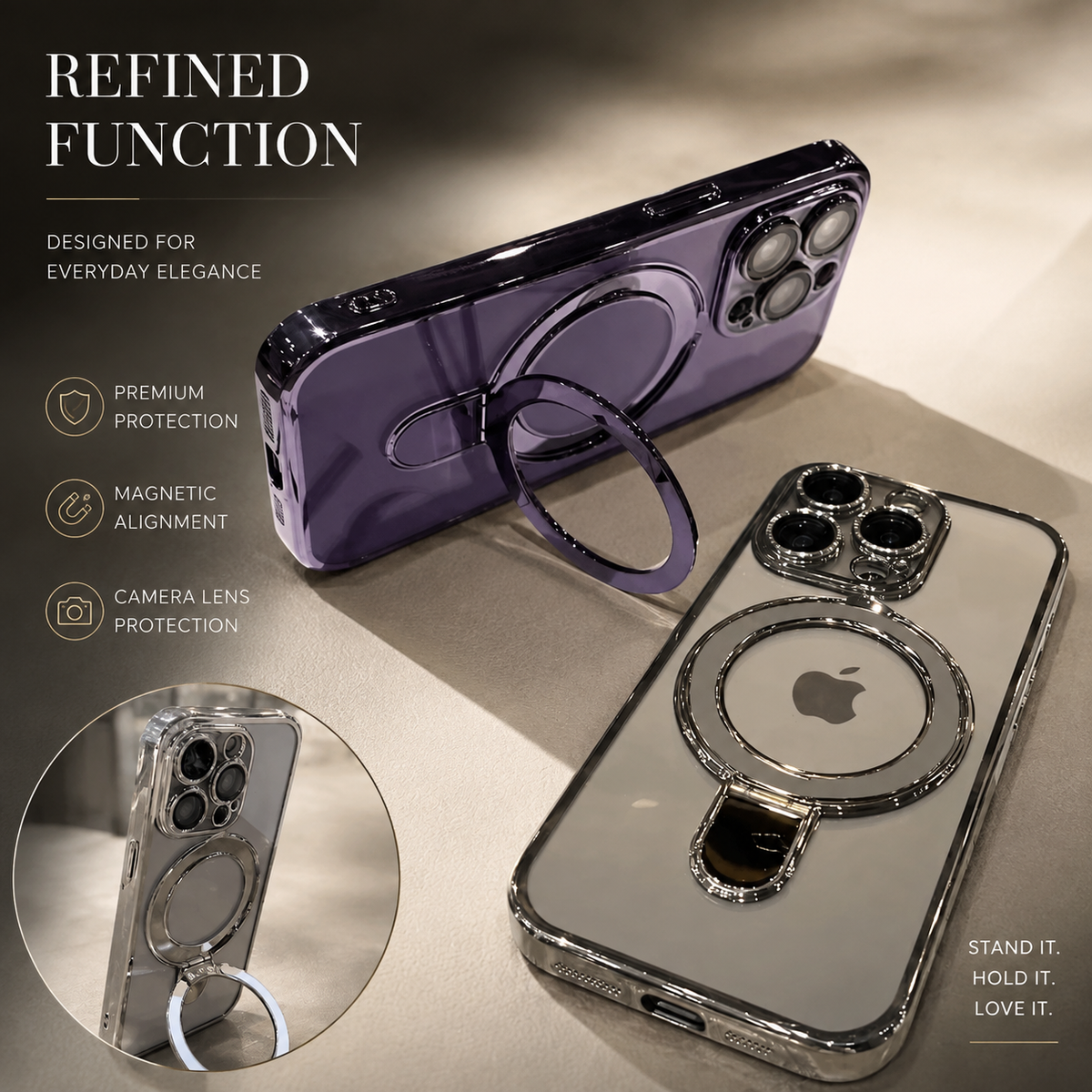 Premium iPhone Case MagSafe Compatible Transparent Acrylic Magnetic Stand Shockproof Anti Fingerprint Anti Scratch Clear Plated Frame Wireless Charging Cover