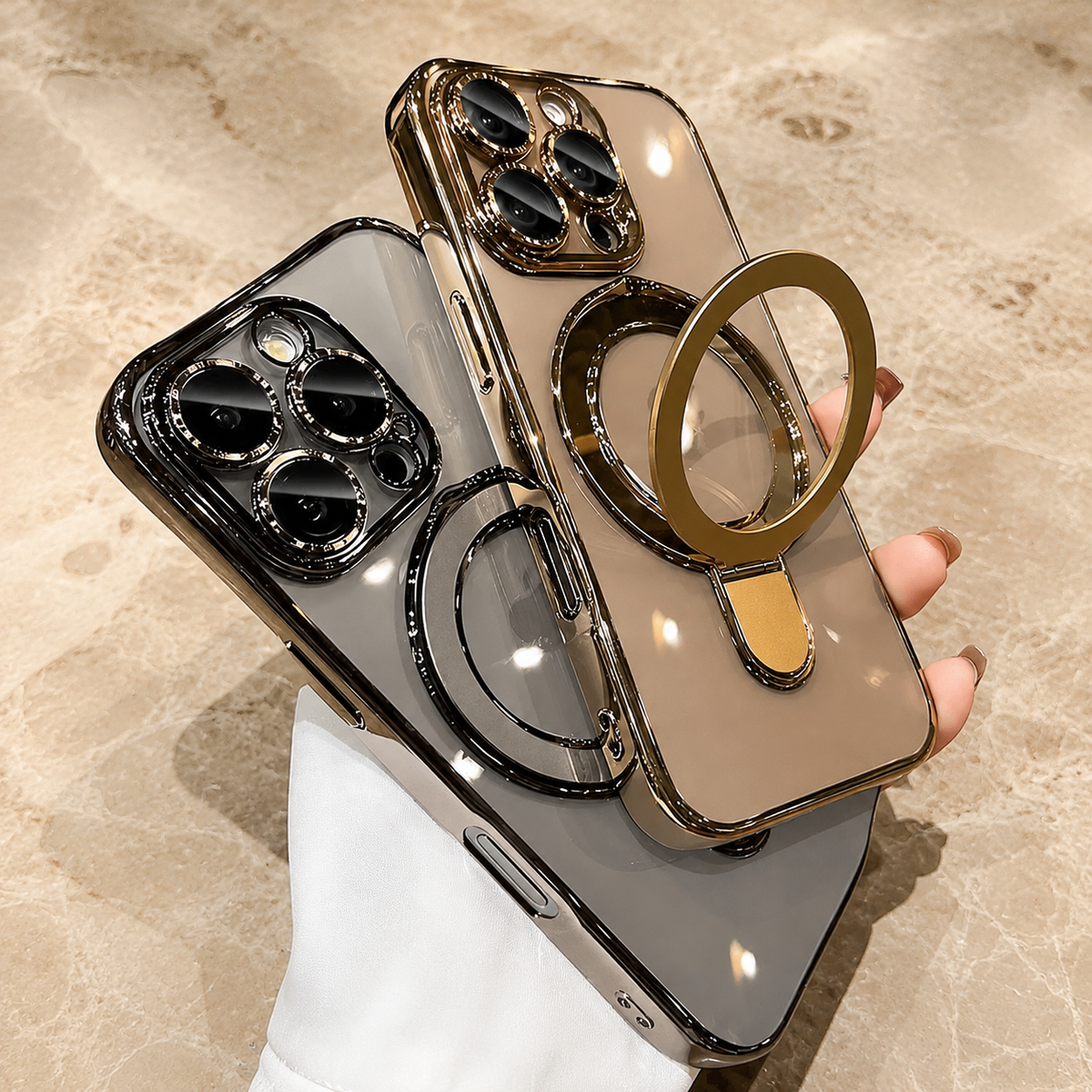 Premium iPhone Case MagSafe Compatible Transparent Acrylic Magnetic Stand Shockproof Anti Fingerprint Anti Scratch Clear Plated Frame Wireless Charging Cover