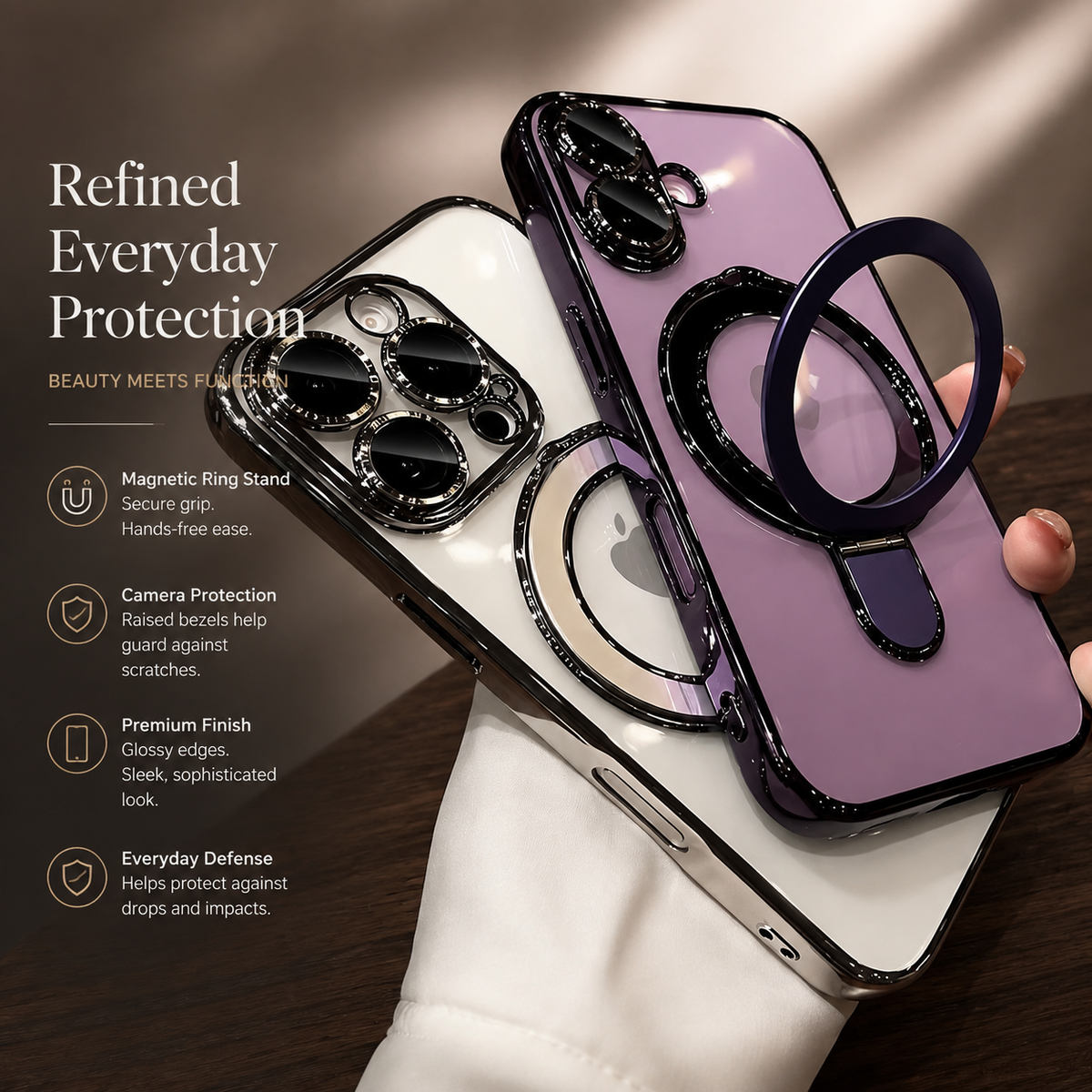 Premium iPhone Case MagSafe Compatible Transparent Acrylic Magnetic Stand Shockproof Anti Fingerprint Anti Scratch Clear Plated Frame Wireless Charging Cover