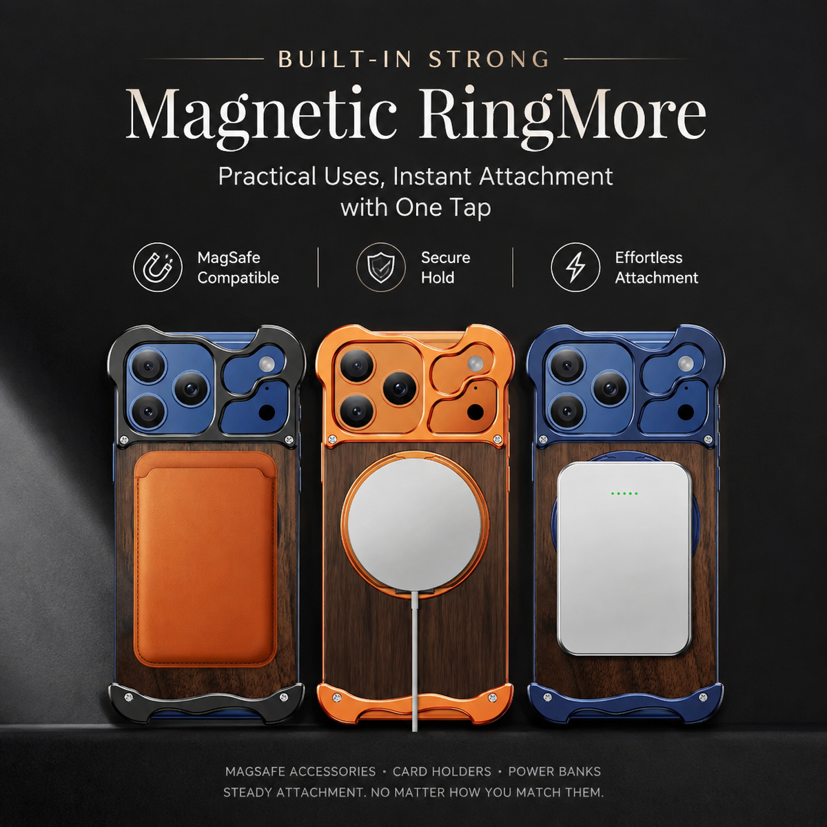 Premium iPhone Case MagSafe Compatible Wood Back Aluminum Frame Magnetic Ring Stand Shockproof Protective Cover Camera Lens Guard Slim Full Coverage
