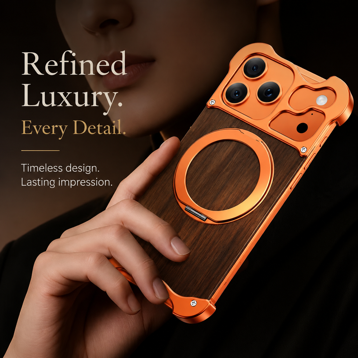 Premium iPhone Case MagSafe Compatible Wood Back Aluminum Frame Magnetic Ring Stand Shockproof Protective Cover Camera Lens Guard Slim Full Coverage