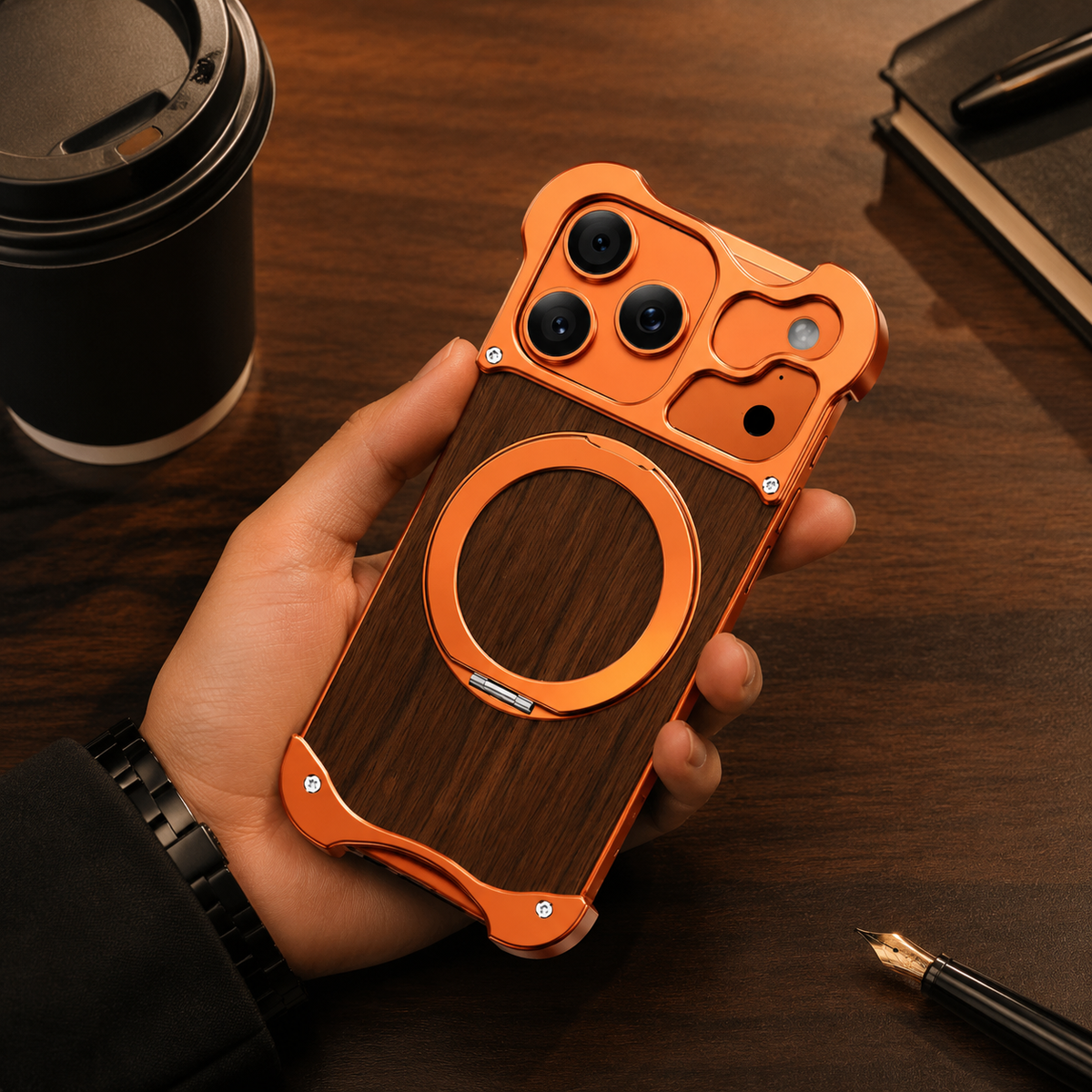 Premium iPhone Case MagSafe Compatible Wood Back Aluminum Frame Magnetic Ring Stand Shockproof Protective Cover Camera Lens Guard Slim Full Coverage