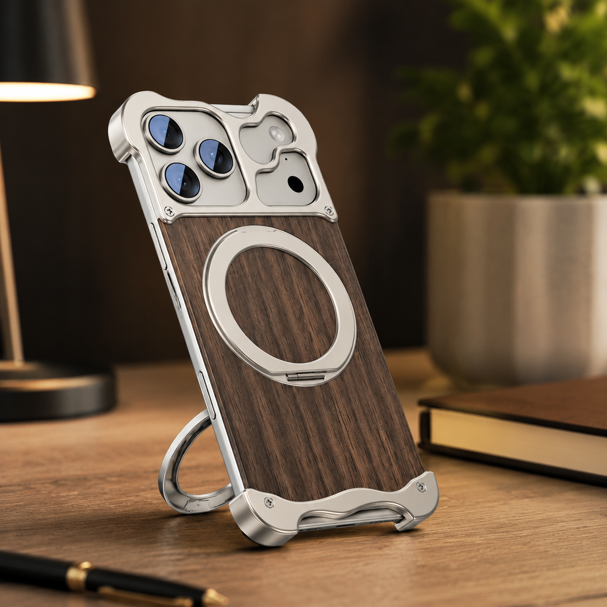 Premium iPhone Case MagSafe Compatible Wood Back Aluminum Frame Magnetic Ring Stand Shockproof Protective Cover Camera Lens Guard Slim Full Coverage