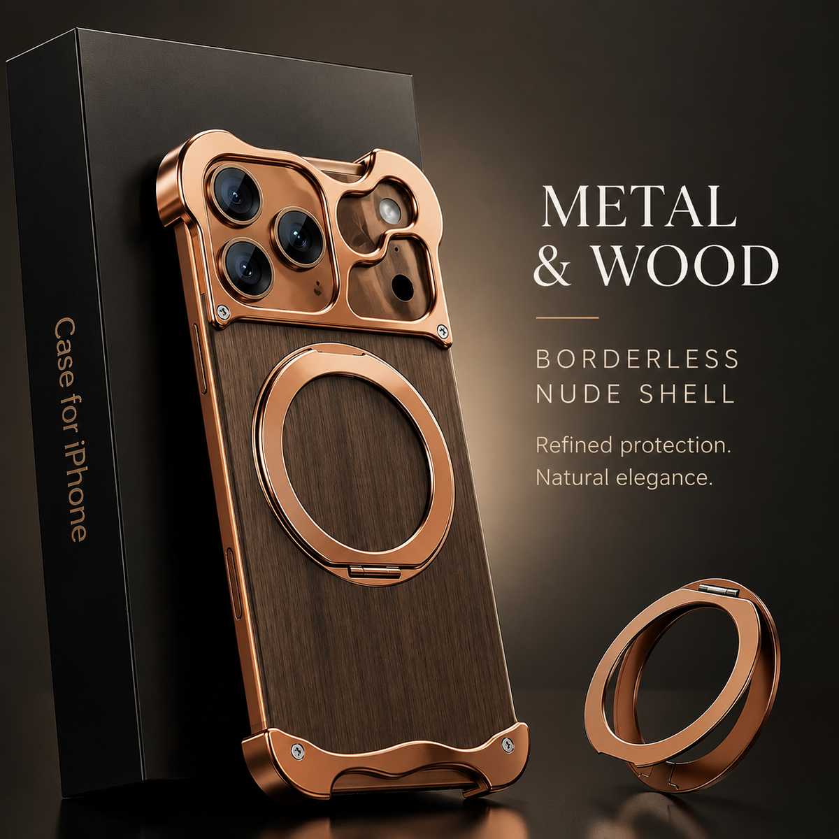 Premium iPhone Case MagSafe Compatible Wood Back Aluminum Frame Magnetic Ring Stand Shockproof Protective Cover Camera Lens Guard Slim Full Coverage