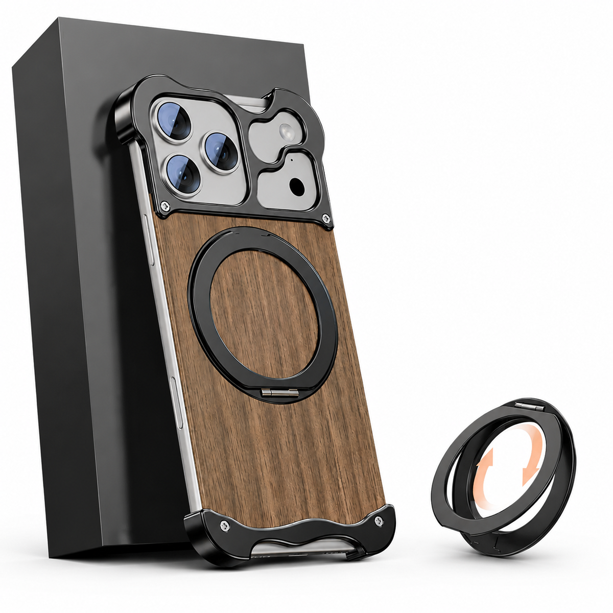 Premium iPhone Case MagSafe Compatible Wood Back Aluminum Frame Magnetic Ring Stand Shockproof Protective Cover Camera Lens Guard Slim Full Coverage
