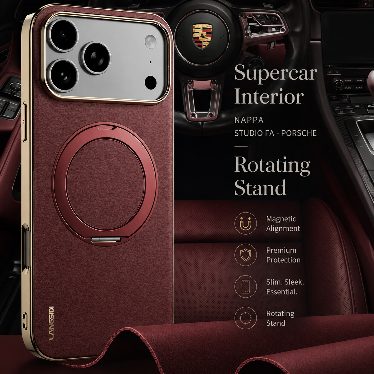 Premium iPhone Case MagSafe Cowhide Leather Magnetic Ring Holder Shockproof PC TPU Camera Lens Protection Anti Scratch Slim Full Coverage