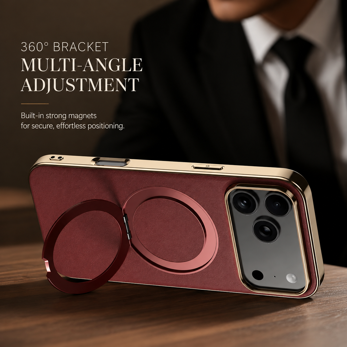 Premium iPhone Case MagSafe Cowhide Leather Magnetic Ring Holder Shockproof PC TPU Camera Lens Protection Anti Scratch Slim Full Coverage