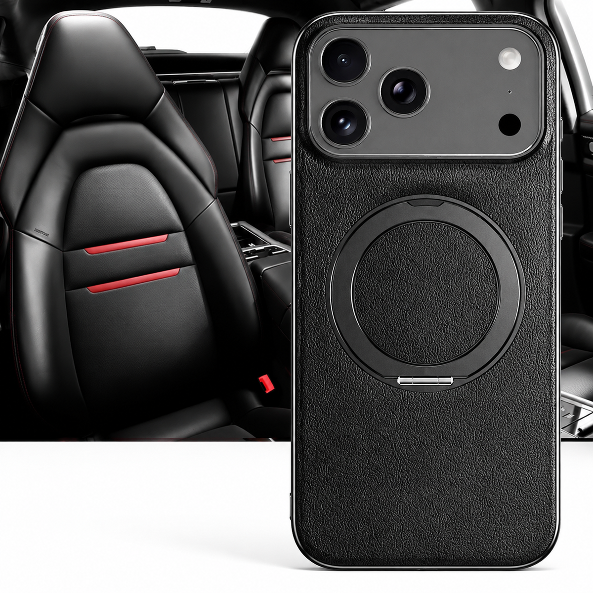 Premium iPhone Case MagSafe Cowhide Leather Magnetic Ring Holder Shockproof PC TPU Camera Lens Protection Anti Scratch Slim Full Coverage
