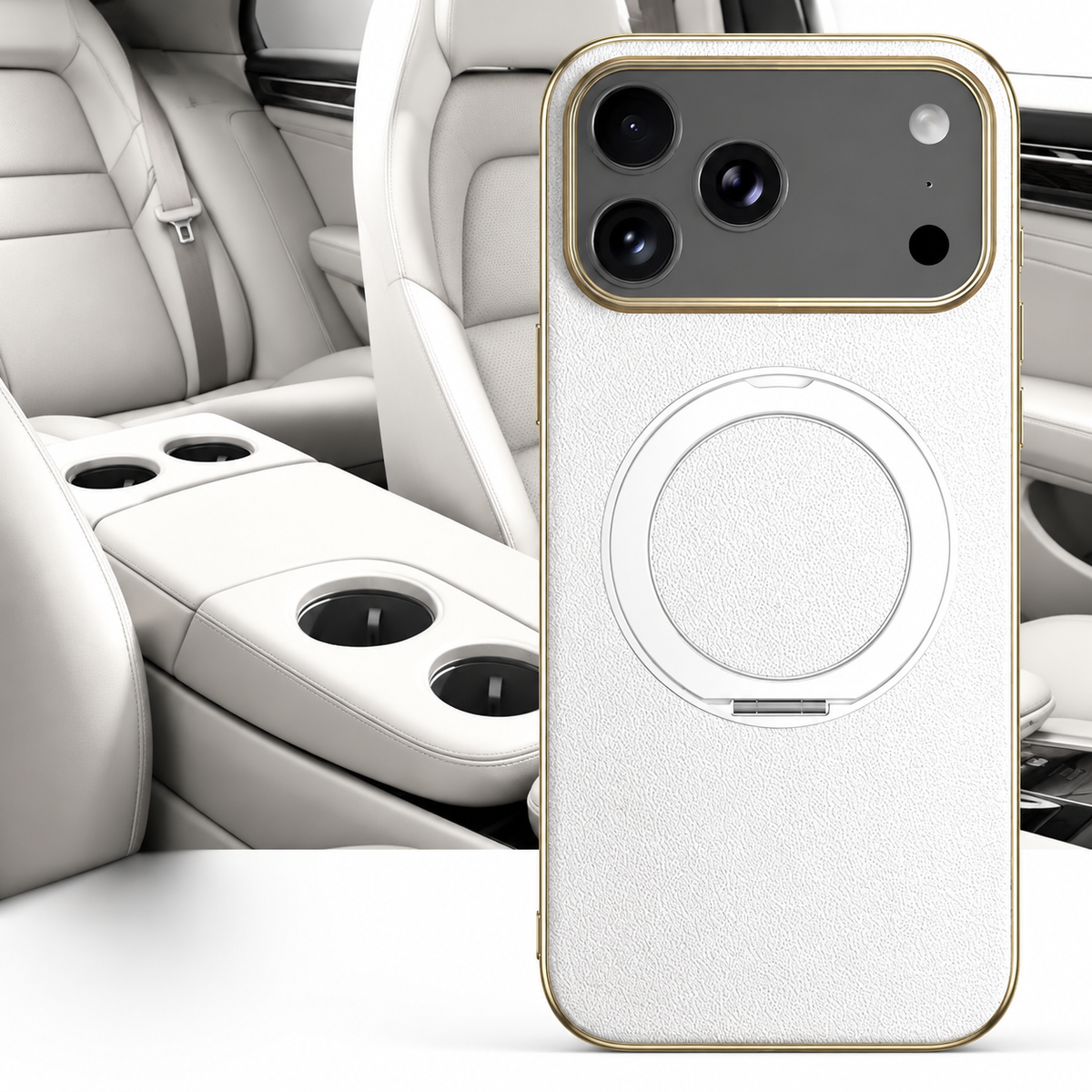 Premium iPhone Case MagSafe Cowhide Leather Magnetic Ring Holder Shockproof PC TPU Camera Lens Protection Anti Scratch Slim Full Coverage