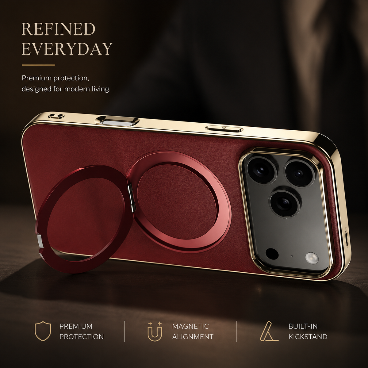 Premium iPhone Case MagSafe Cowhide Leather Magnetic Ring Holder Shockproof PC TPU Camera Lens Protection Anti Scratch Slim Full Coverage