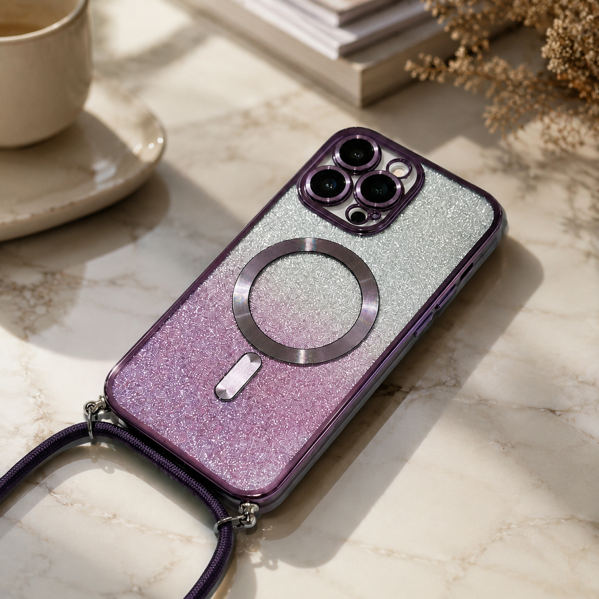 Premium iPhone Case MagSafe Crossbody Lanyard Gradient Glitter Magnetic TPU Camera Lens Protection Shockproof Anti Scratch Slim Protective Cover Daily