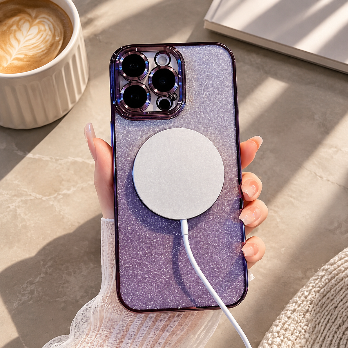 Premium iPhone Case MagSafe Crossbody Lanyard Gradient Glitter Magnetic TPU Camera Lens Protection Shockproof Anti Scratch Slim Protective Cover Daily