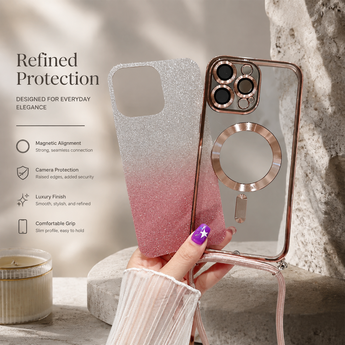 Premium iPhone Case MagSafe Crossbody Lanyard Gradient Glitter Magnetic TPU Camera Lens Protection Shockproof Anti Scratch Slim Protective Cover Daily