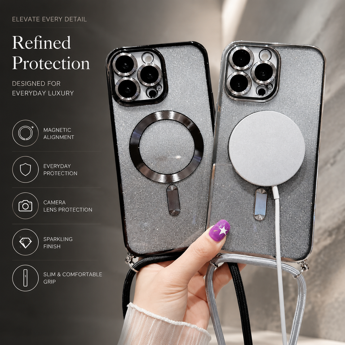 Premium iPhone Case MagSafe Crossbody Lanyard Gradient Glitter Magnetic TPU Camera Lens Protection Shockproof Anti Scratch Slim Protective Cover Daily