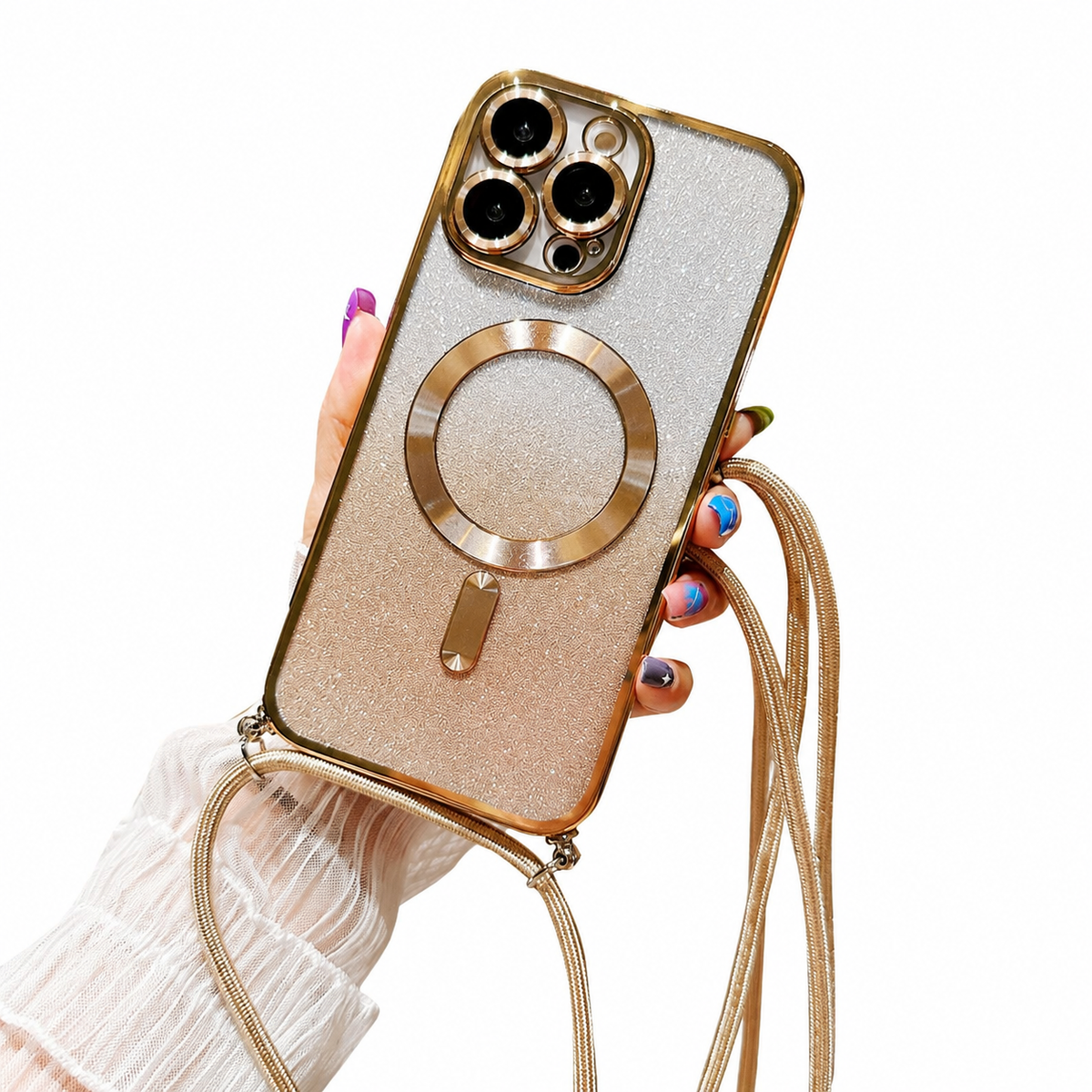 Premium iPhone Case MagSafe Crossbody Lanyard Gradient Glitter Magnetic TPU Camera Lens Protection Shockproof Anti Scratch Slim Protective Cover Daily