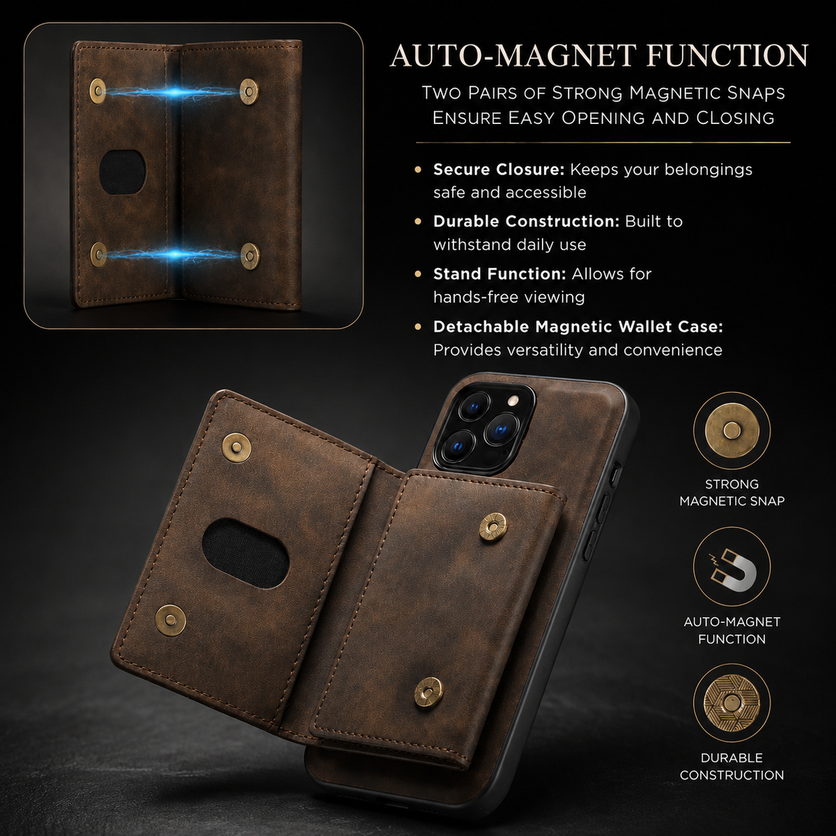 Premium iPhone Case MagSafe Detachable Leather Wallet Flip Cover Card Holder Shockproof Protective Cover Stand Full Coverage Slim Magnetic Case Design
