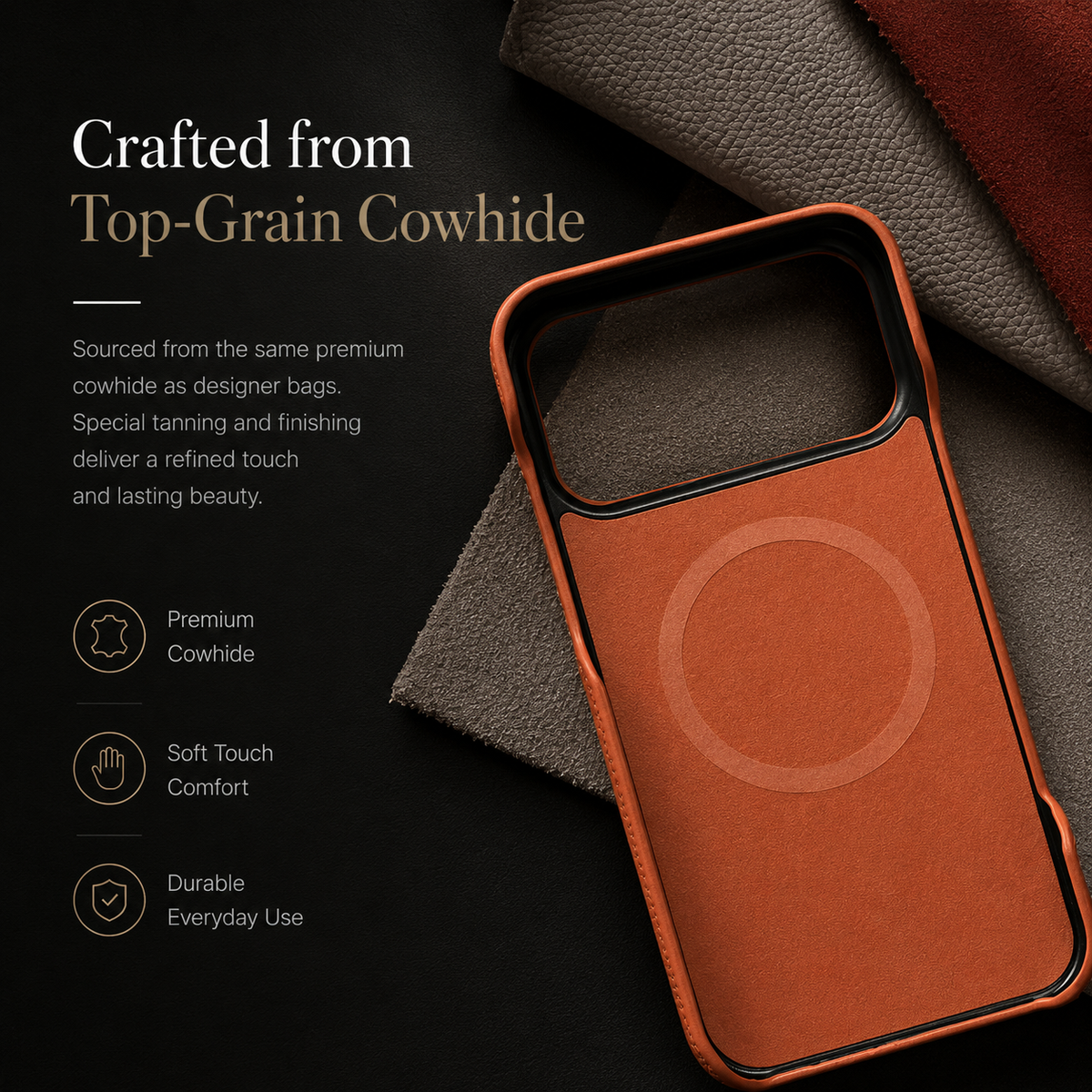 Premium iPhone Case MagSafe Genuine Cowhide Leather Magnetic Protective Cover Lychee Texture Hard PC Back Non Slip Slim Anti Scratch Full Coverage Case