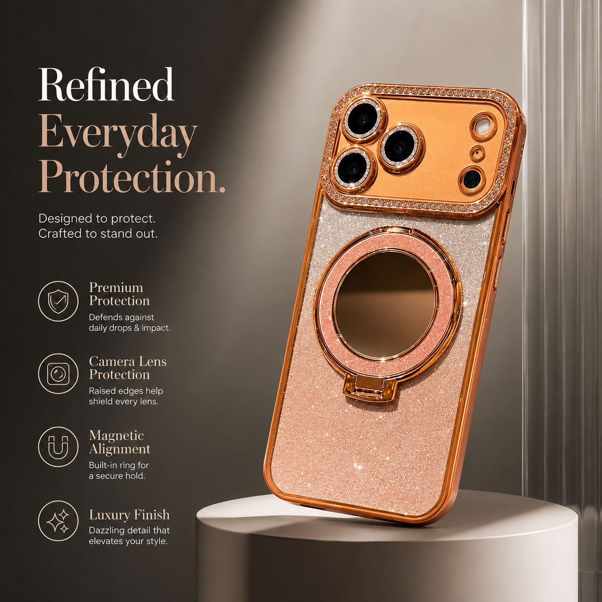 Premium iPhone Case MagSafe Glitter Diamond Clear Mirror Magnetic Ring Holder PC TPU Sparkling Shockproof Slim Protective Stand Cover Case Design