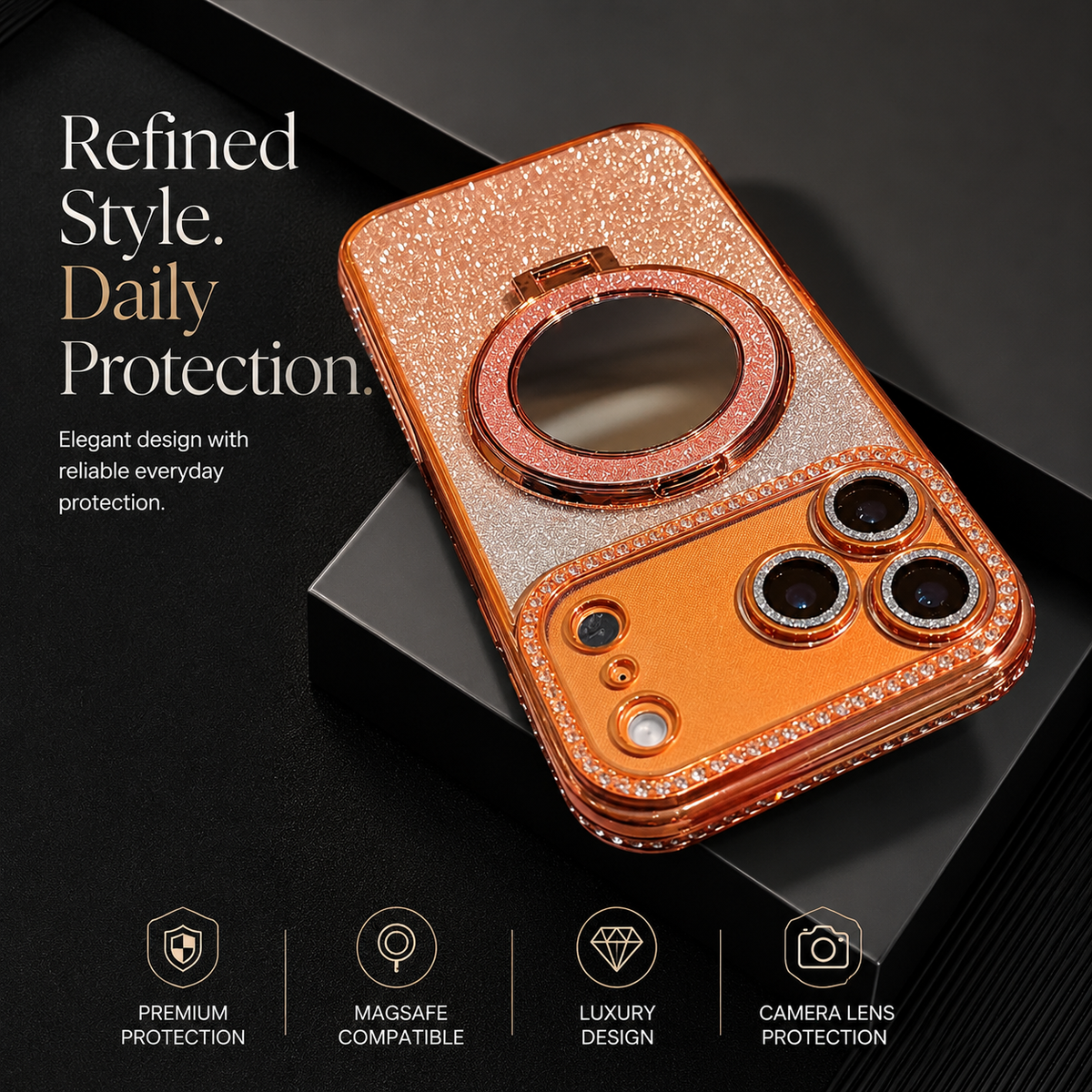 Premium iPhone Case MagSafe Glitter Diamond Clear Mirror Magnetic Ring Holder PC TPU Sparkling Shockproof Slim Protective Stand Cover Case Design