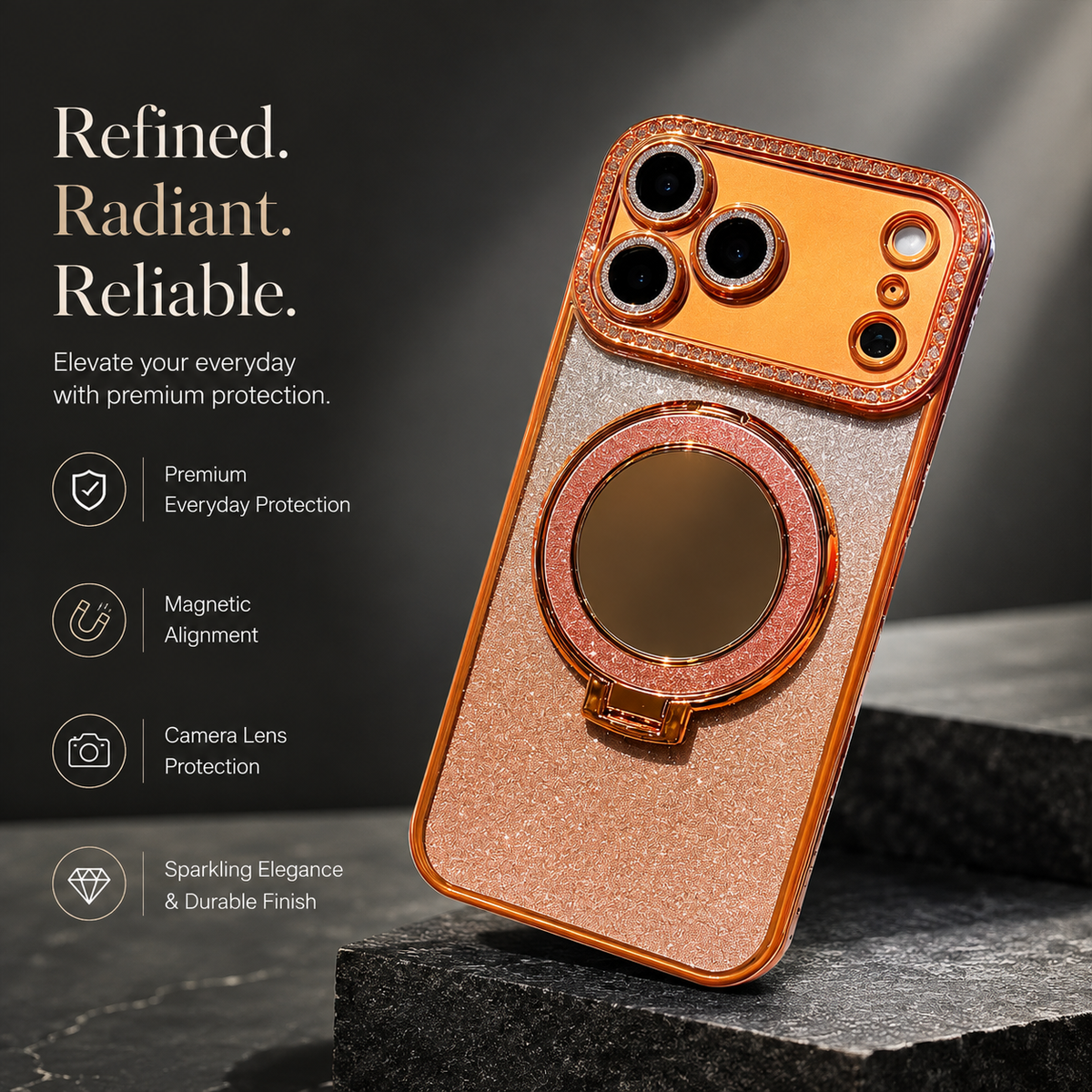 Premium iPhone Case MagSafe Glitter Diamond Clear Mirror Magnetic Ring Holder PC TPU Sparkling Shockproof Slim Protective Stand Cover Case Design